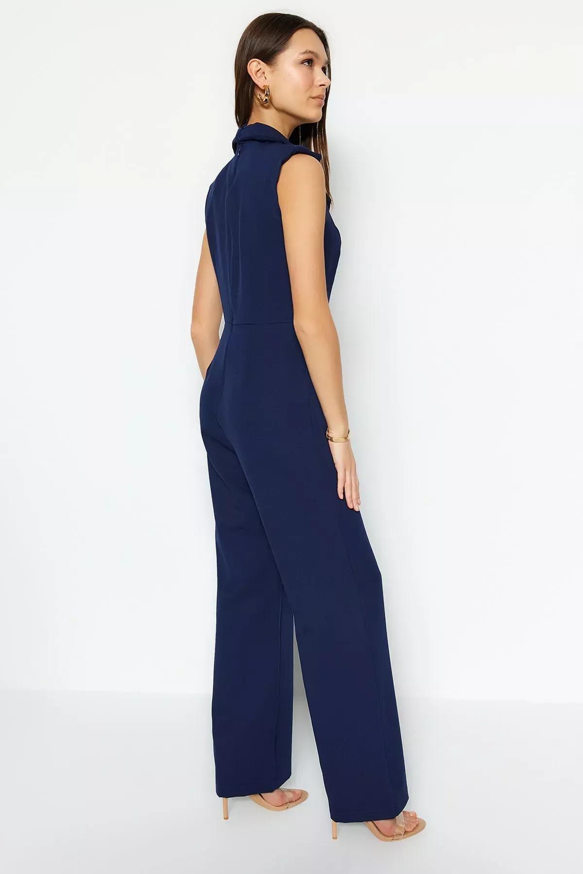 Navy Lapel Collar Jumpsuit, Dark blue, large image number 5