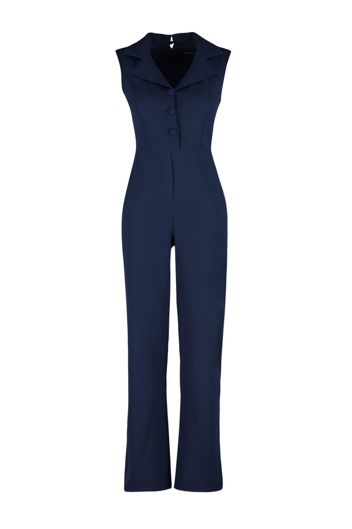 Navy Lapel Collar Jumpsuit, , large image number 6
