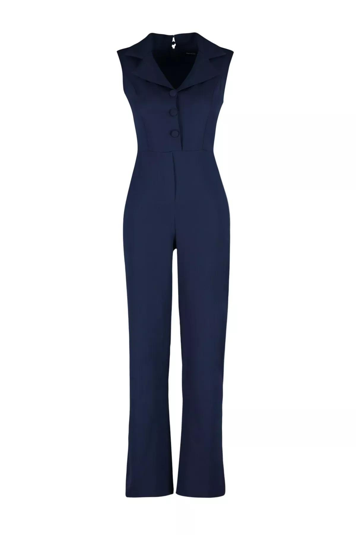 Navy Lapel Collar Jumpsuit, Dark blue, large image number 6