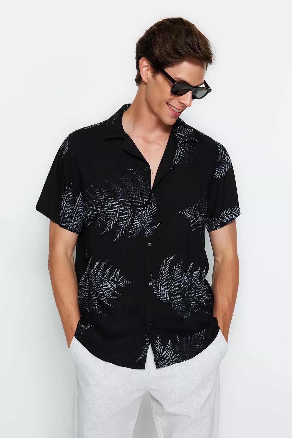 Black Patterned Summer Flowy Shirt, Black, medium