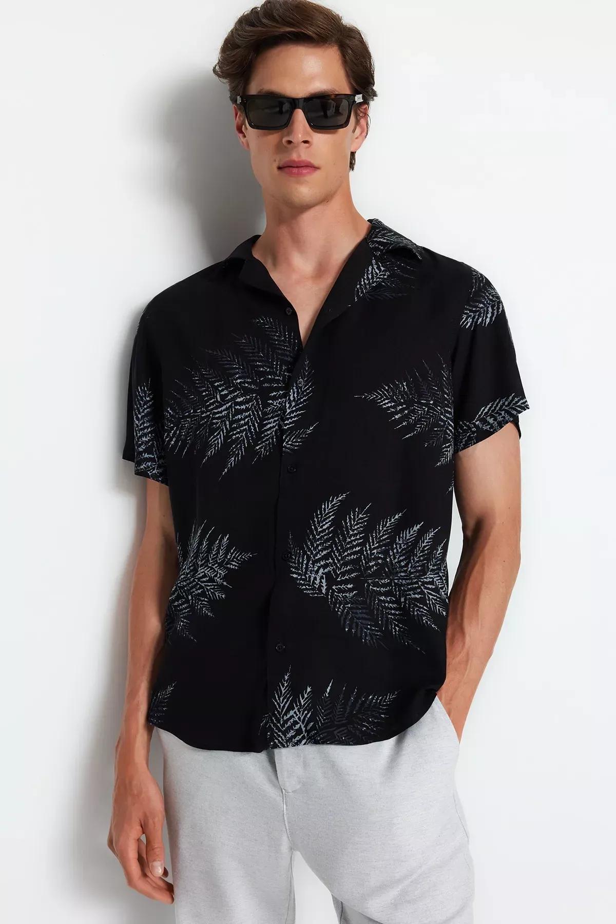 Black Patterned Summer Flowy Shirt, Black, medium