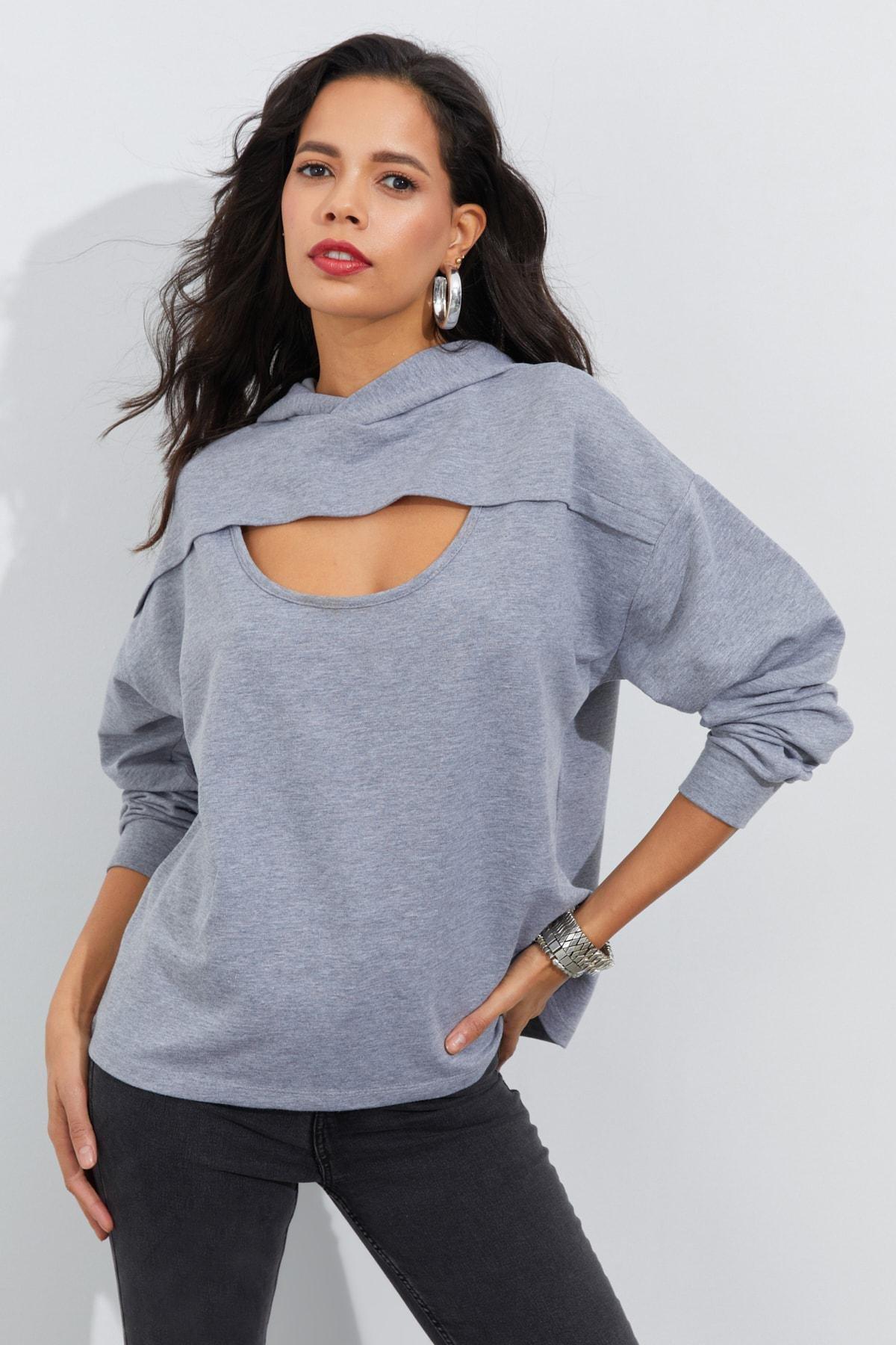 Grey Asymmetric Casual Cropped Hoodie, , large image number 2
