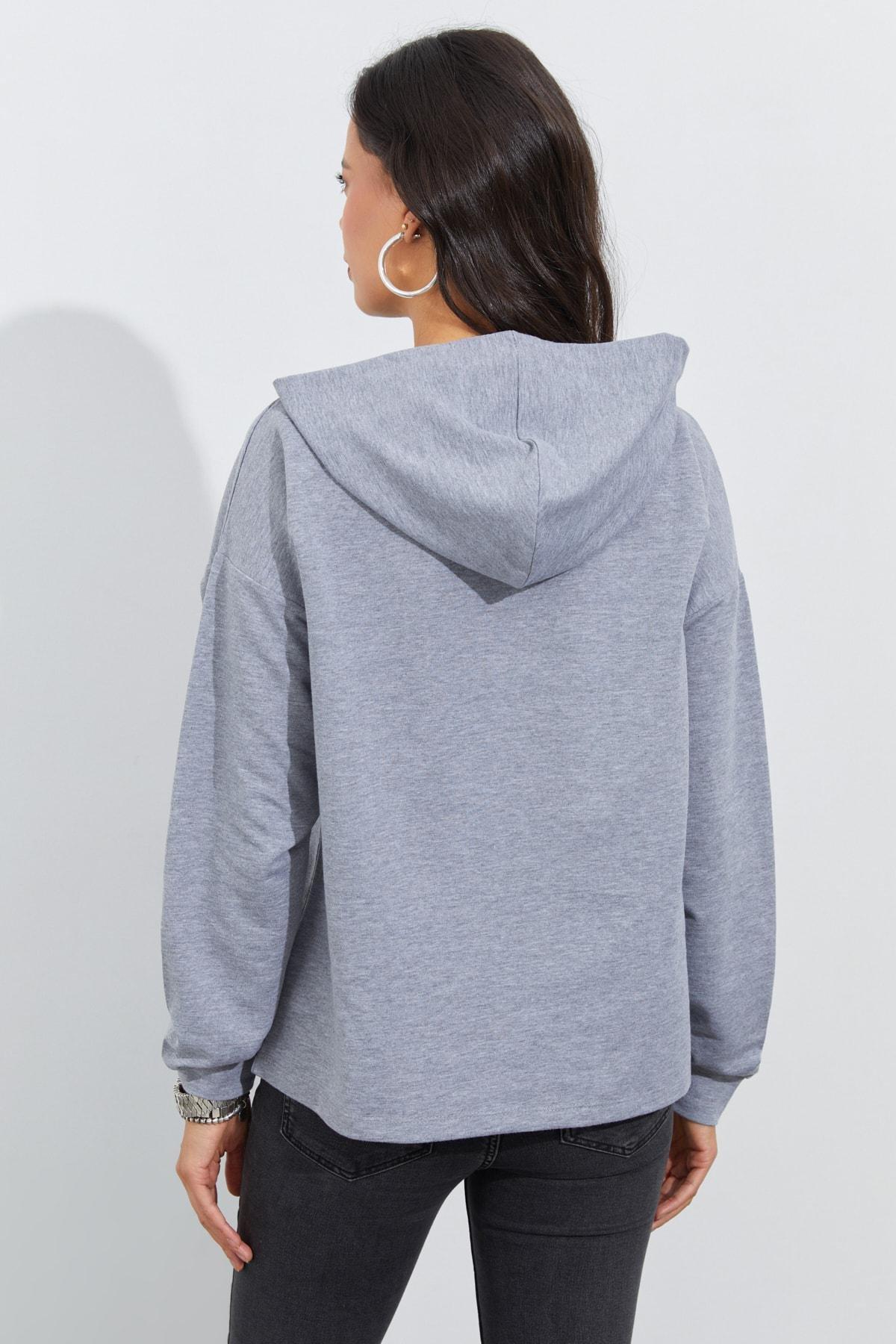 Grey Asymmetric Casual Cropped Hoodie, , large image number 3
