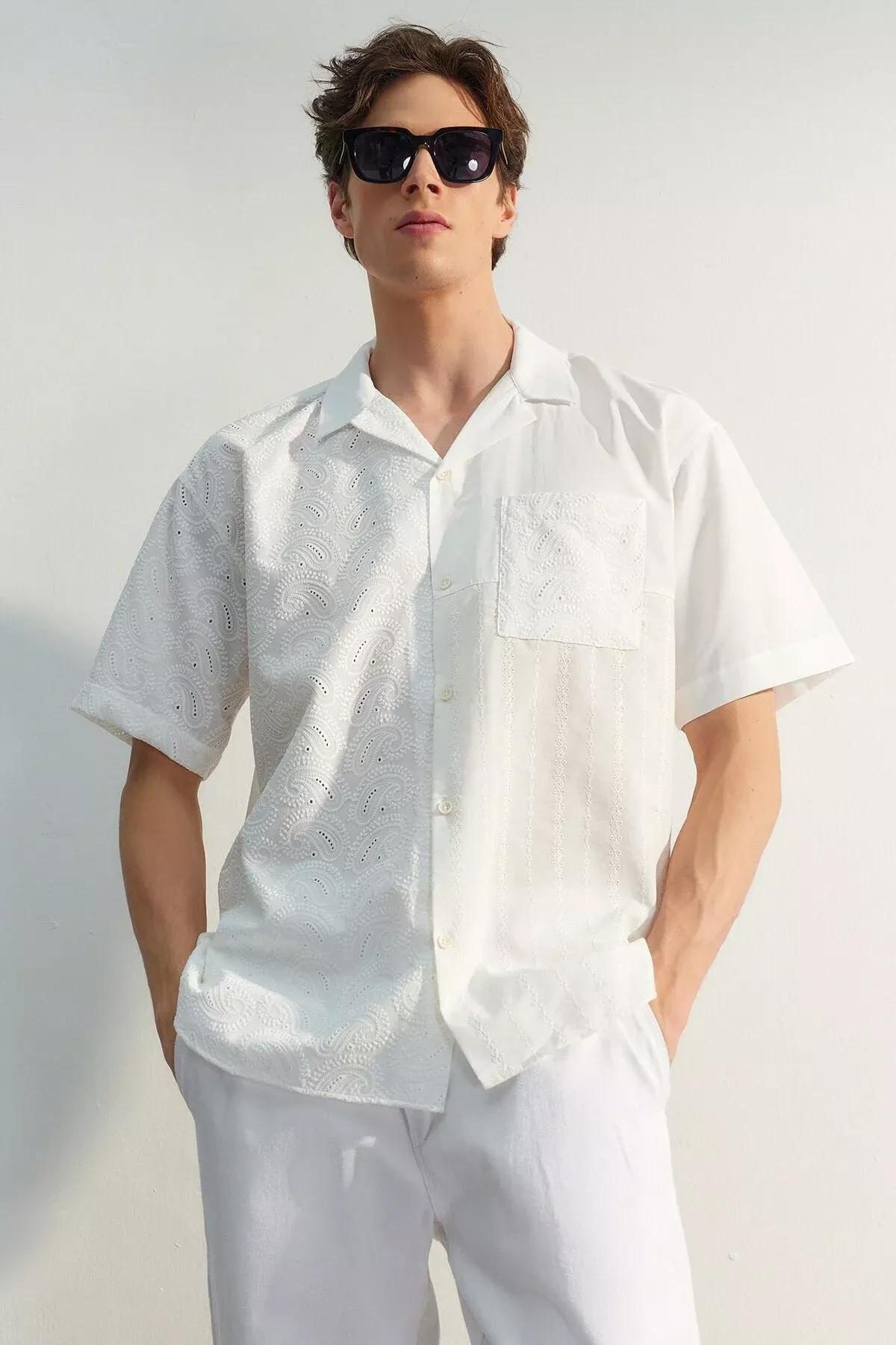 White Pattern Oversize Shirt, White, medium