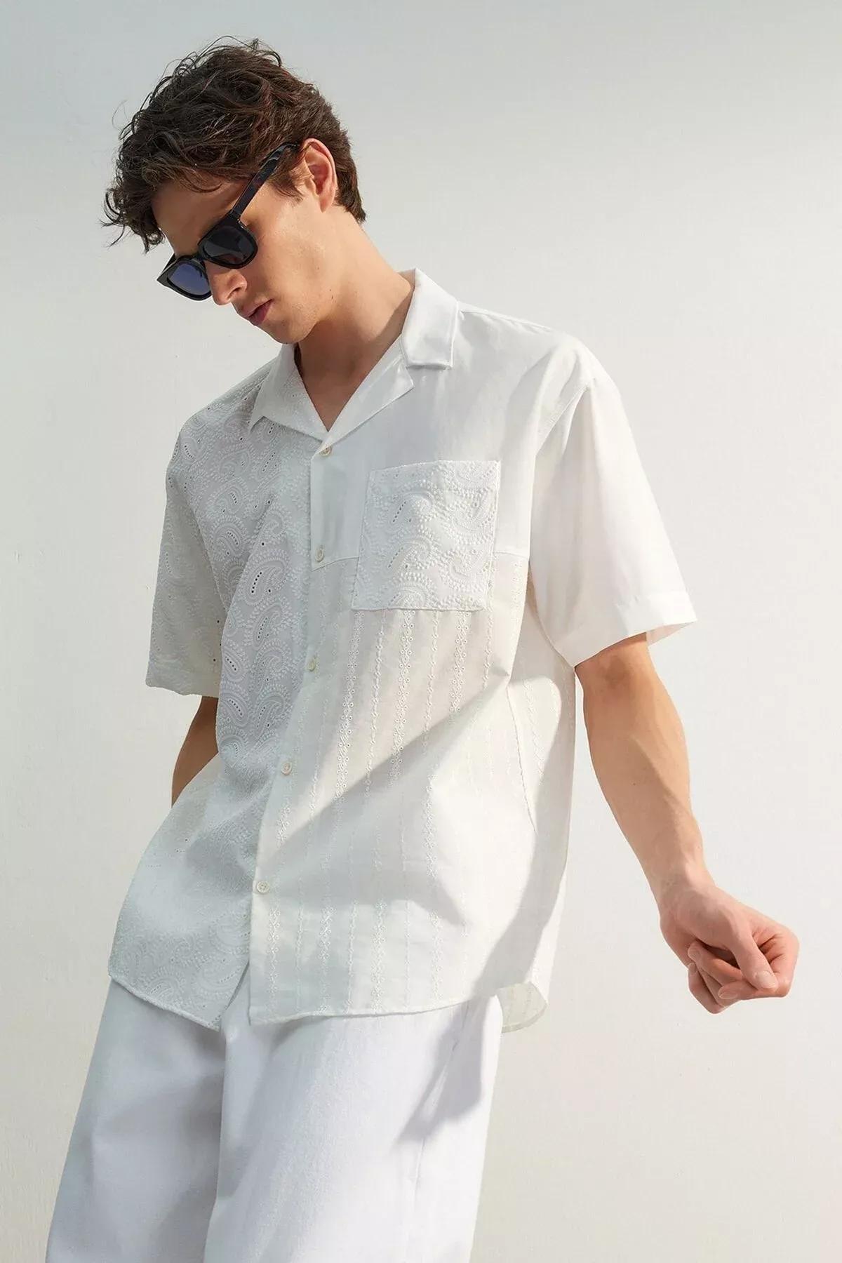 White Pattern Oversize Shirt, White, large image number 5