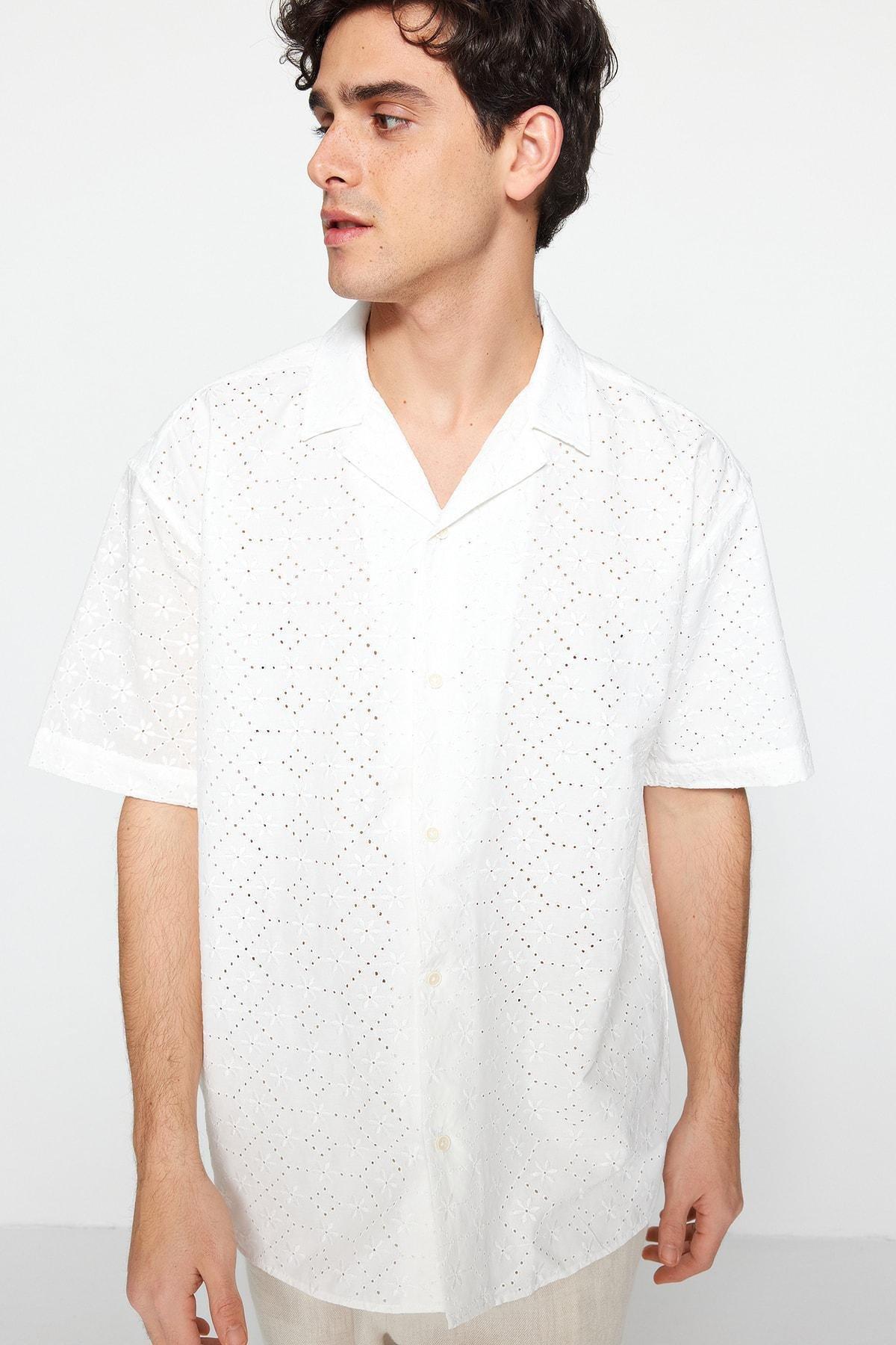 White Floral Oversize Apache Collar Shirt, , large image number 1
