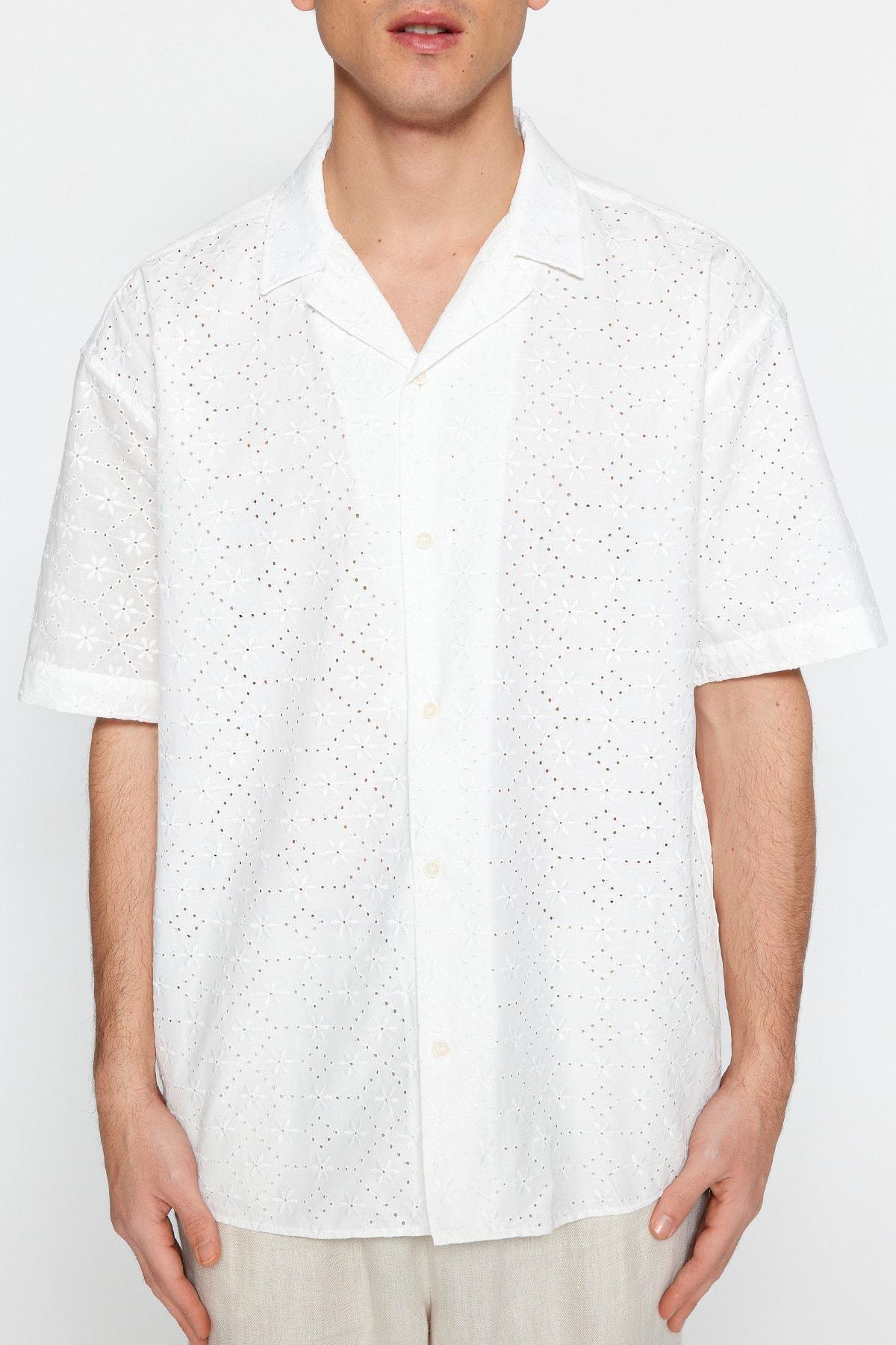 White Floral Oversize Apache Collar Shirt, , large image number 2