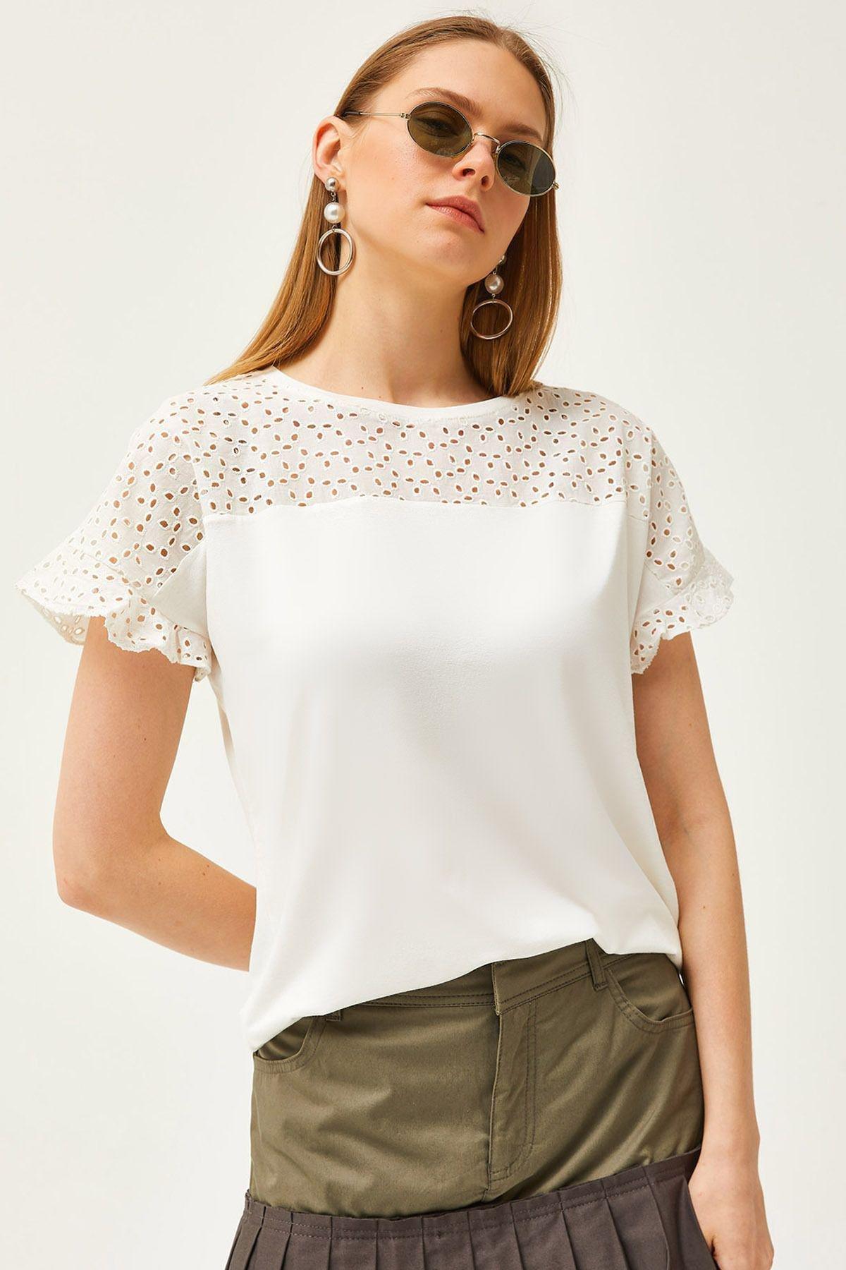 Beige scalloped Sleeve flounce T-Shirt, Ecru, large image number 0