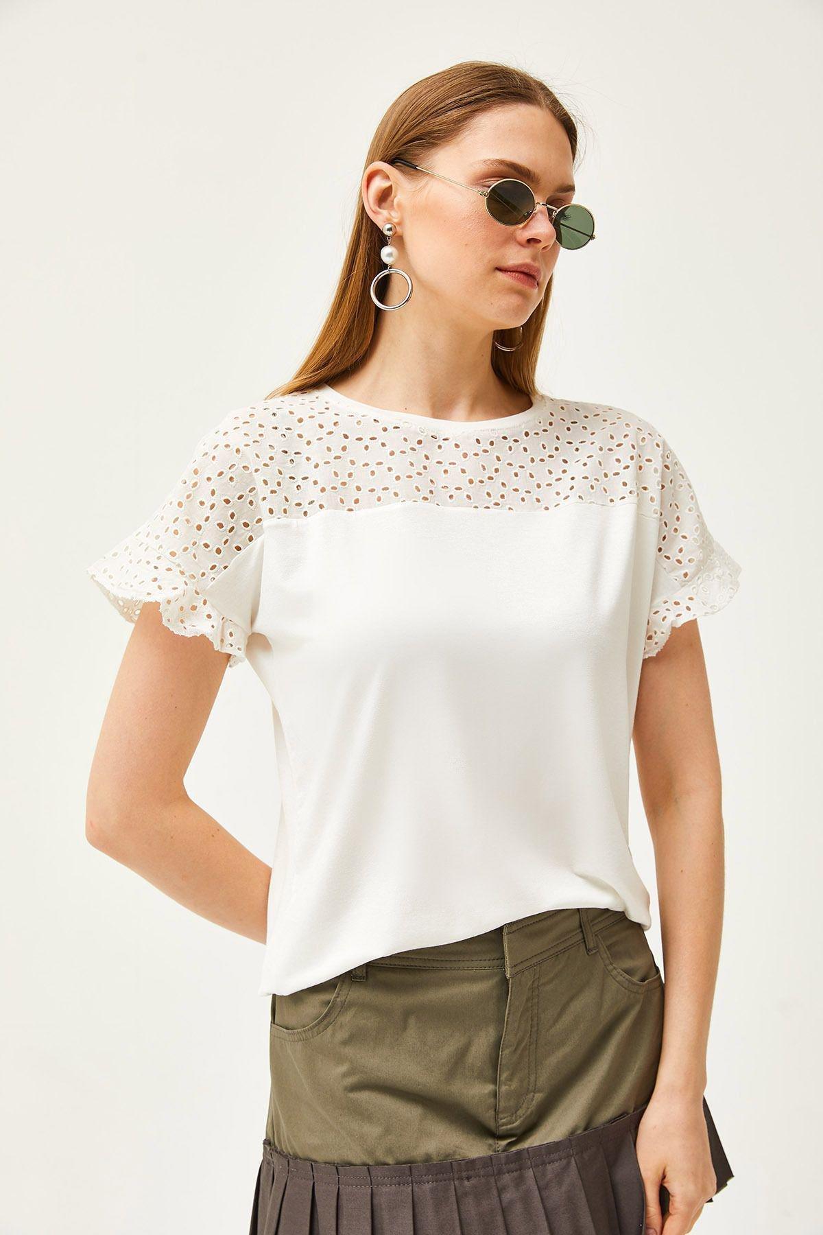 Beige scalloped Sleeve flounce T-Shirt, Ecru, large image number 2