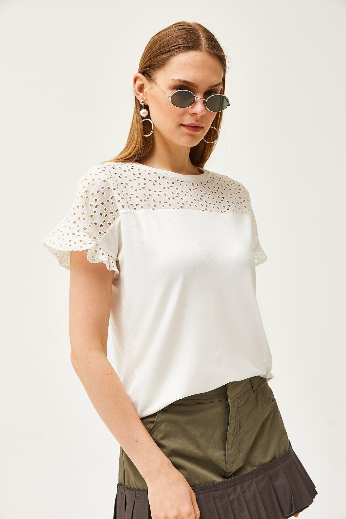 Beige scalloped Sleeve flounce T-Shirt, Ecru, large image number 3