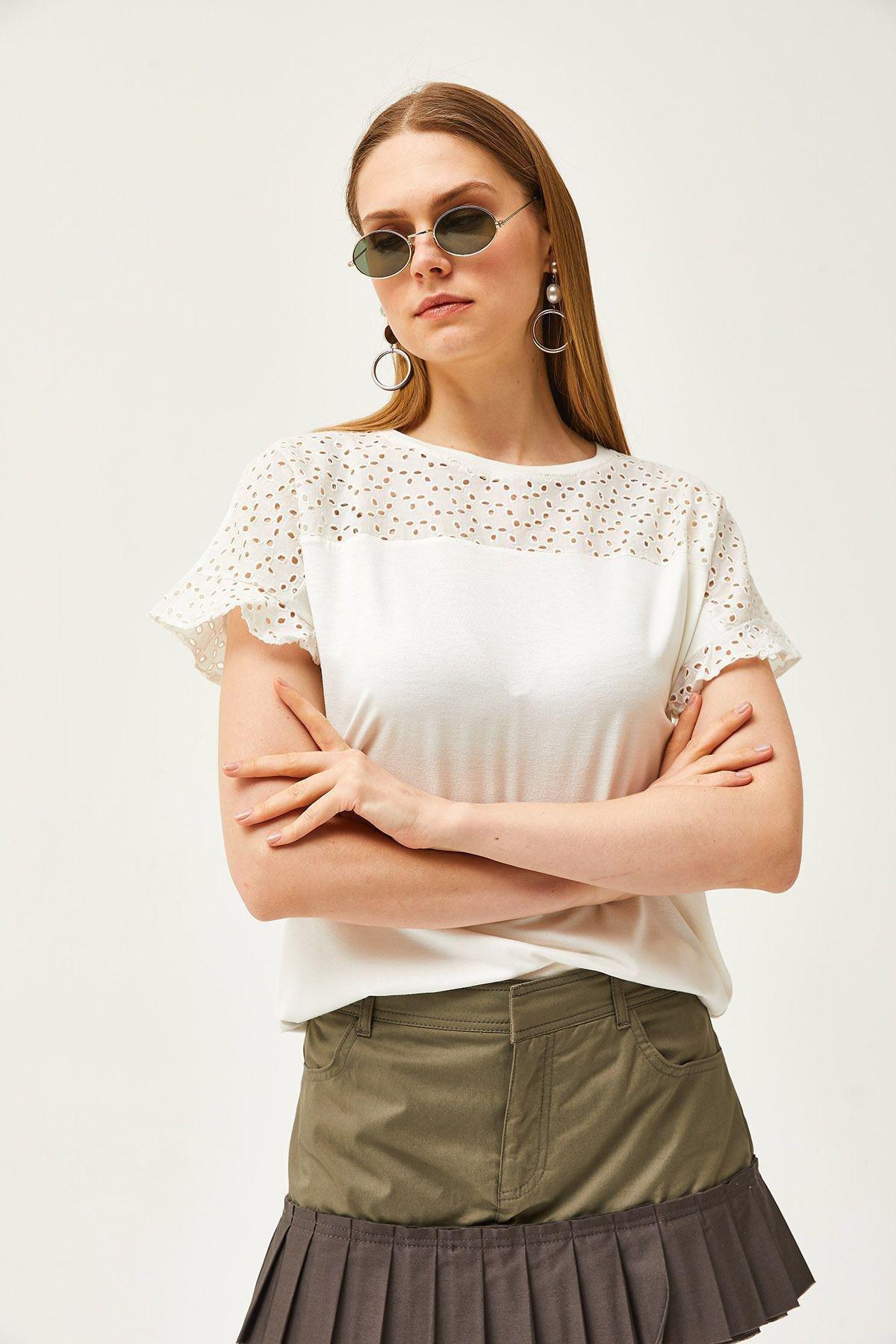 Beige scalloped Sleeve flounce T-Shirt, Ecru, large image number 4