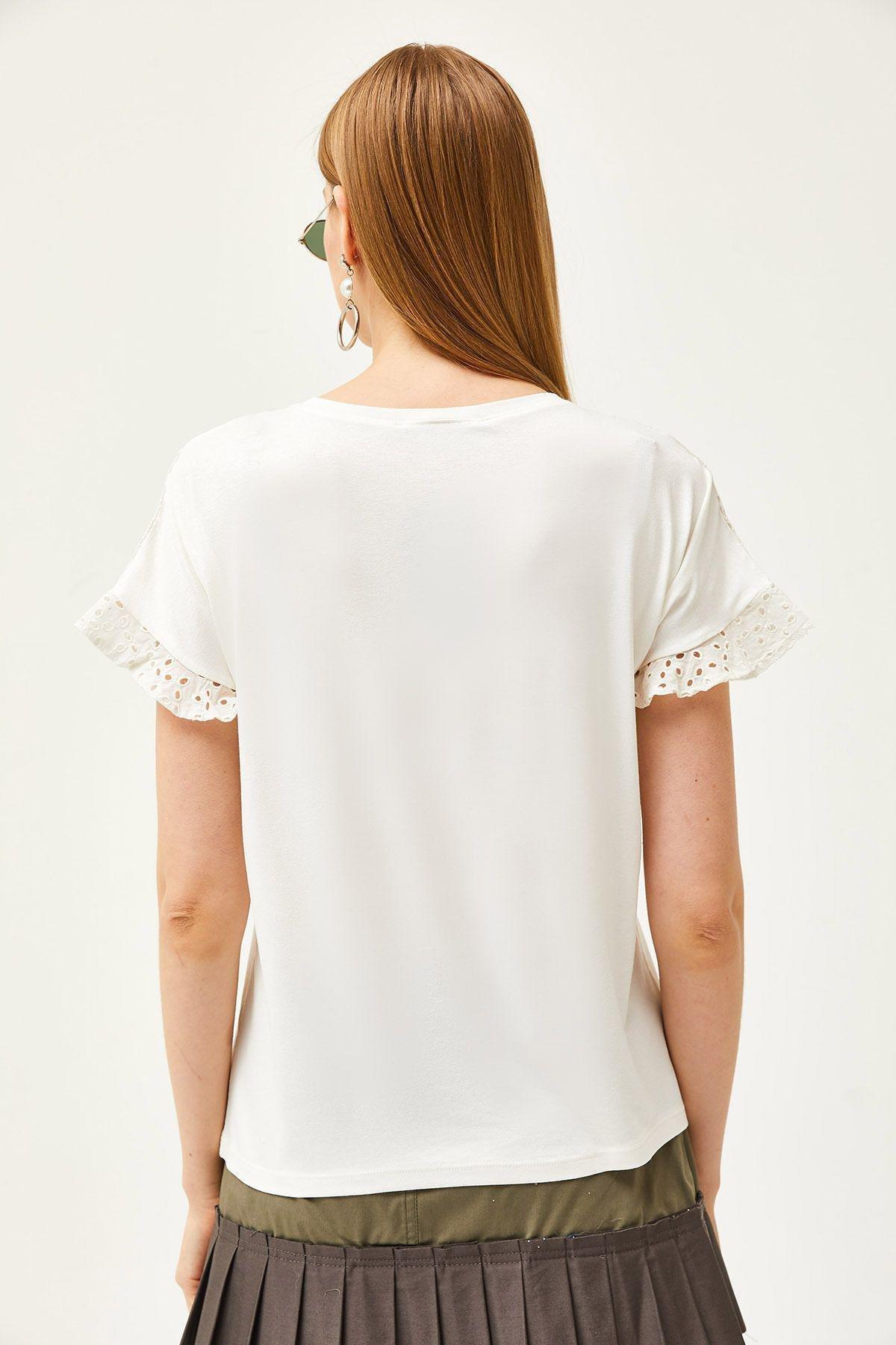 Beige scalloped Sleeve flounce T-Shirt, Ecru, large image number 5