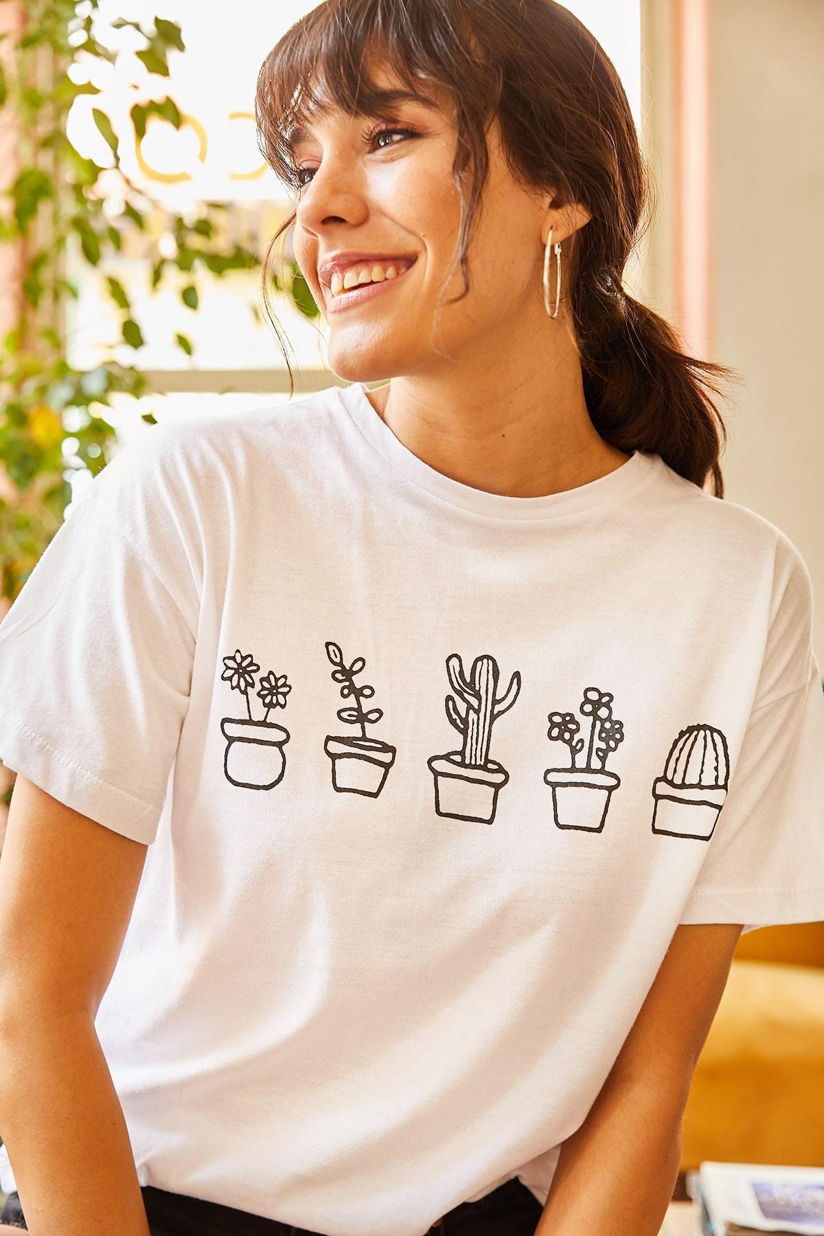 White Cactus Print T-Shirt, , large image number 0