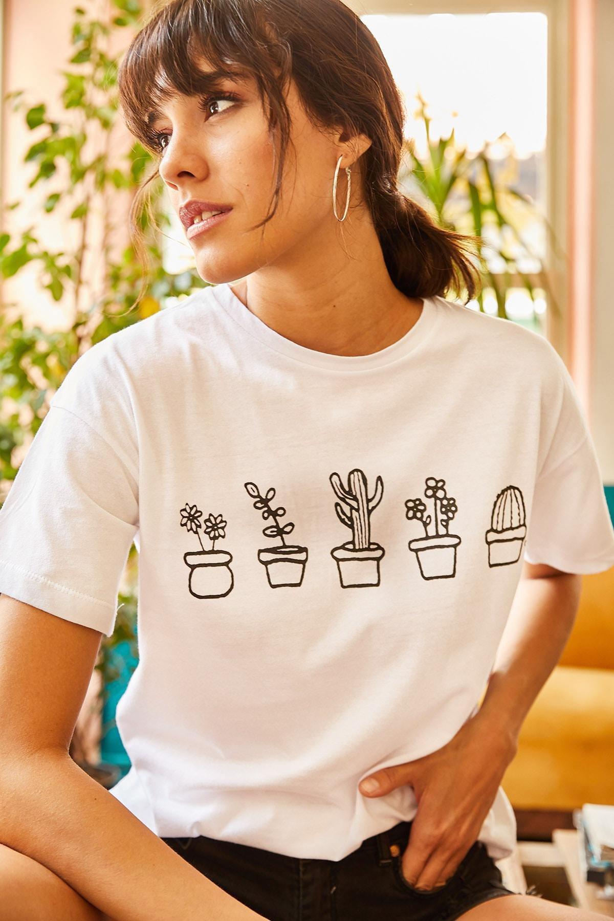 White Cactus Print T-Shirt, White, medium