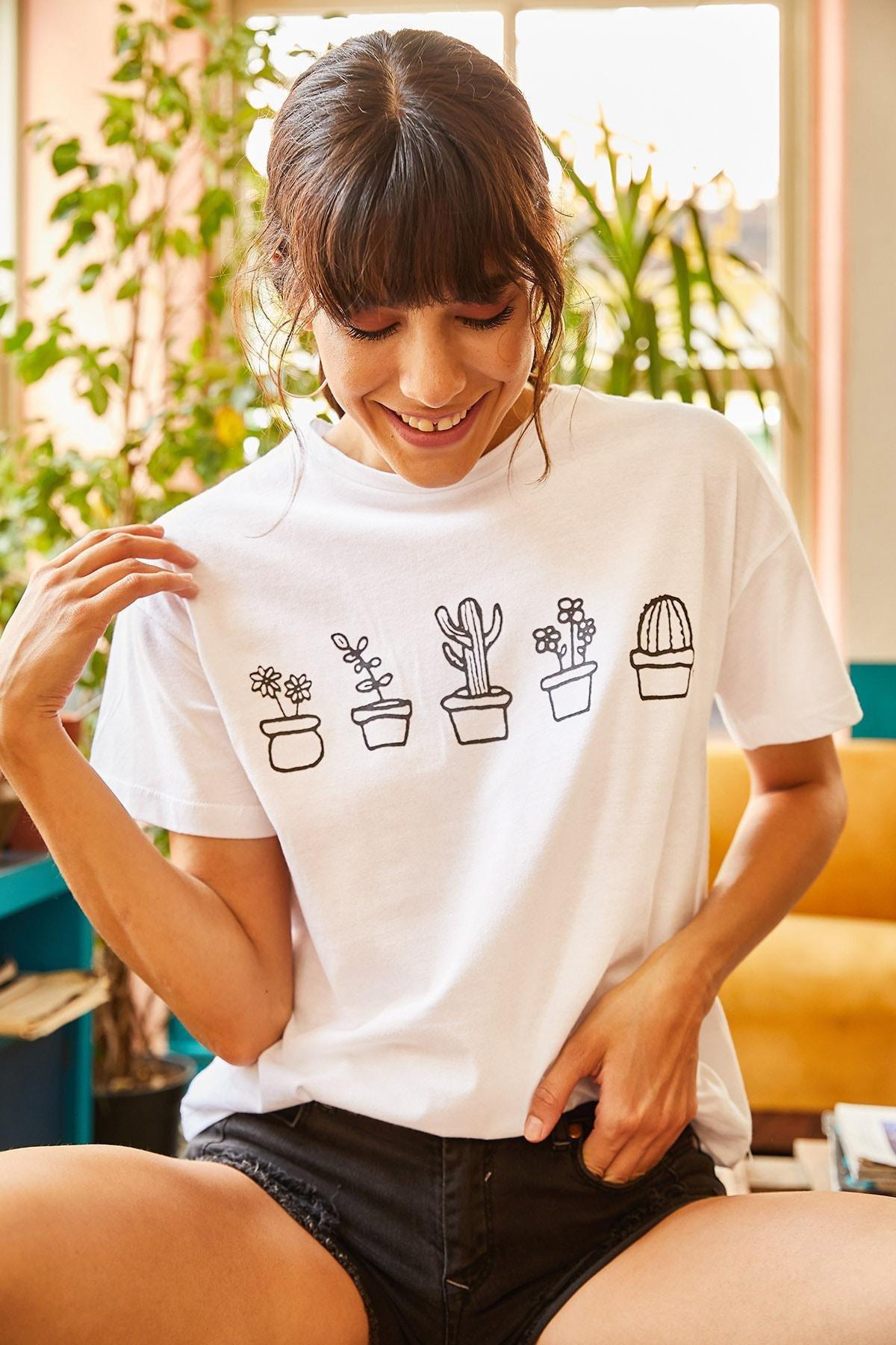 White Cactus Print T-Shirt, White, medium