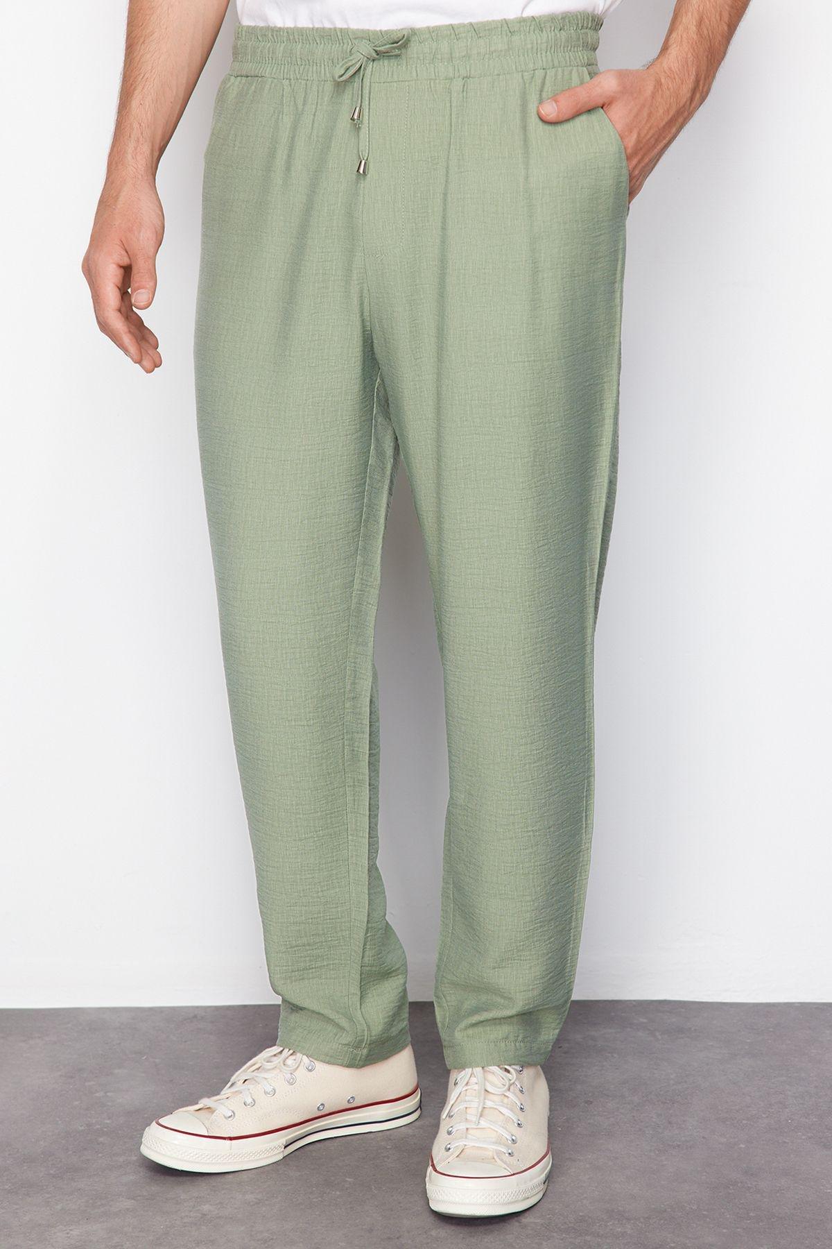 Light Khaki Tapered Elastic Waist Tied Linen Look Trousers TMNSS20PL0547, single, , large image number 0