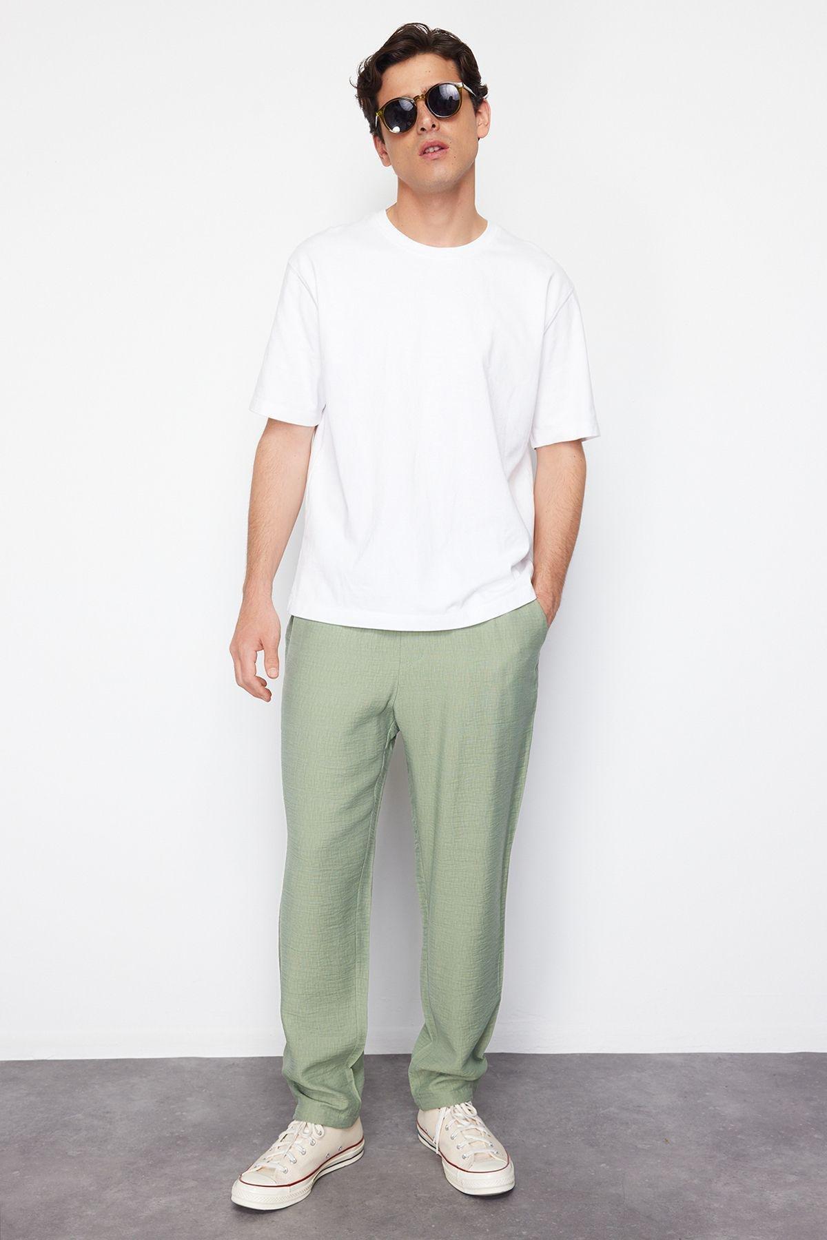 Light Khaki Tapered Elastic Waist Tied Linen Look Trousers TMNSS20PL0547, single, , large image number 1