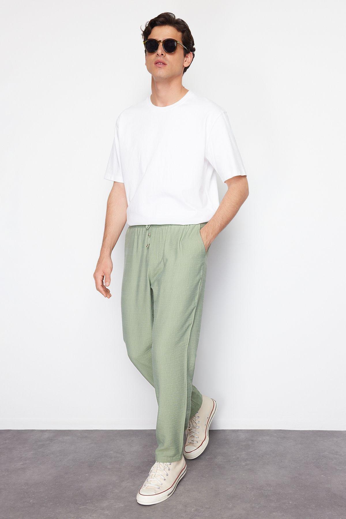 Light Khaki Tapered Elastic Waist Tied Linen Look Trousers TMNSS20PL0547, single, , large image number 2