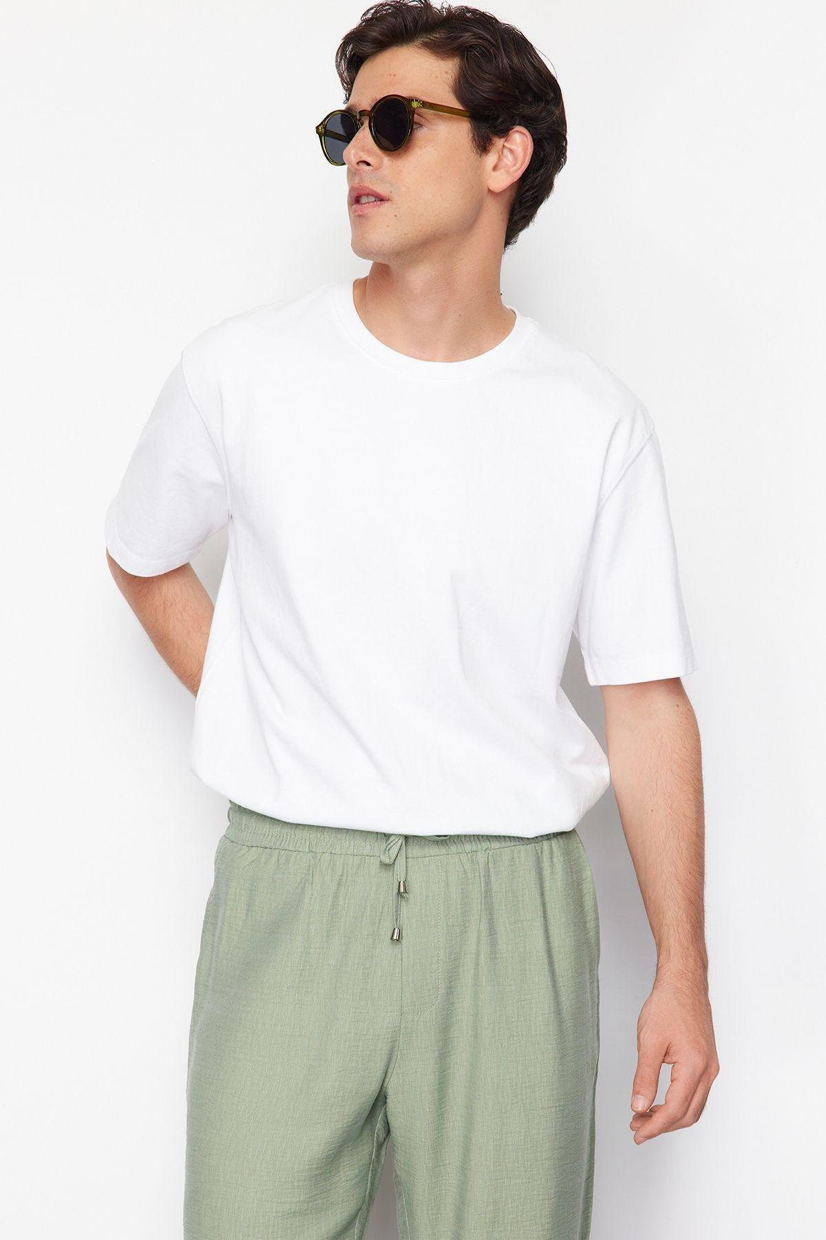 Light Khaki Tapered Elastic Waist Tied Linen Look Trousers TMNSS20PL0547, single, , large image number 3