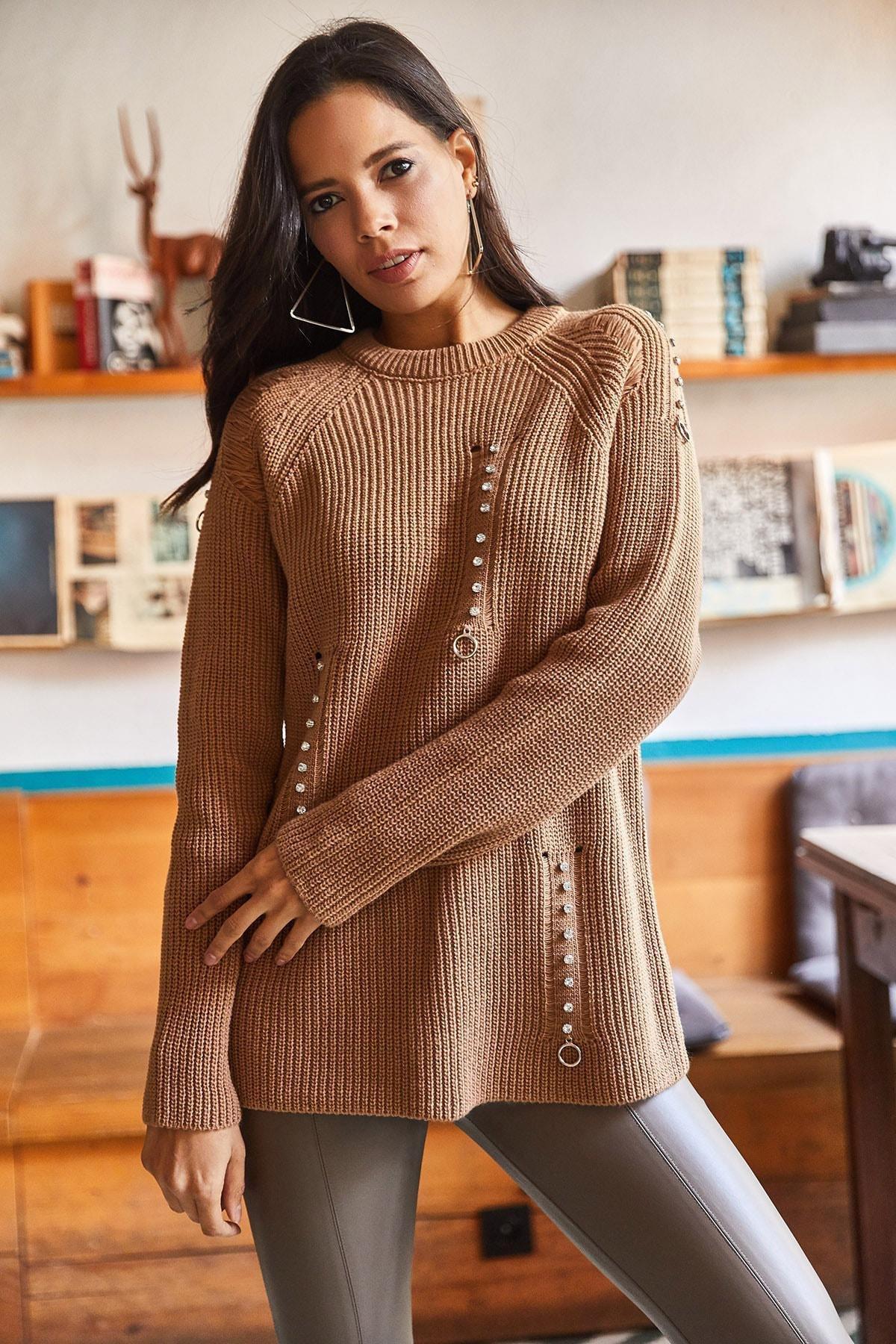 Womens Camel Oversized Knitwear Sweater with Torn Detailed Accessories KZK-19000561, single, CAMEL, large image number 1