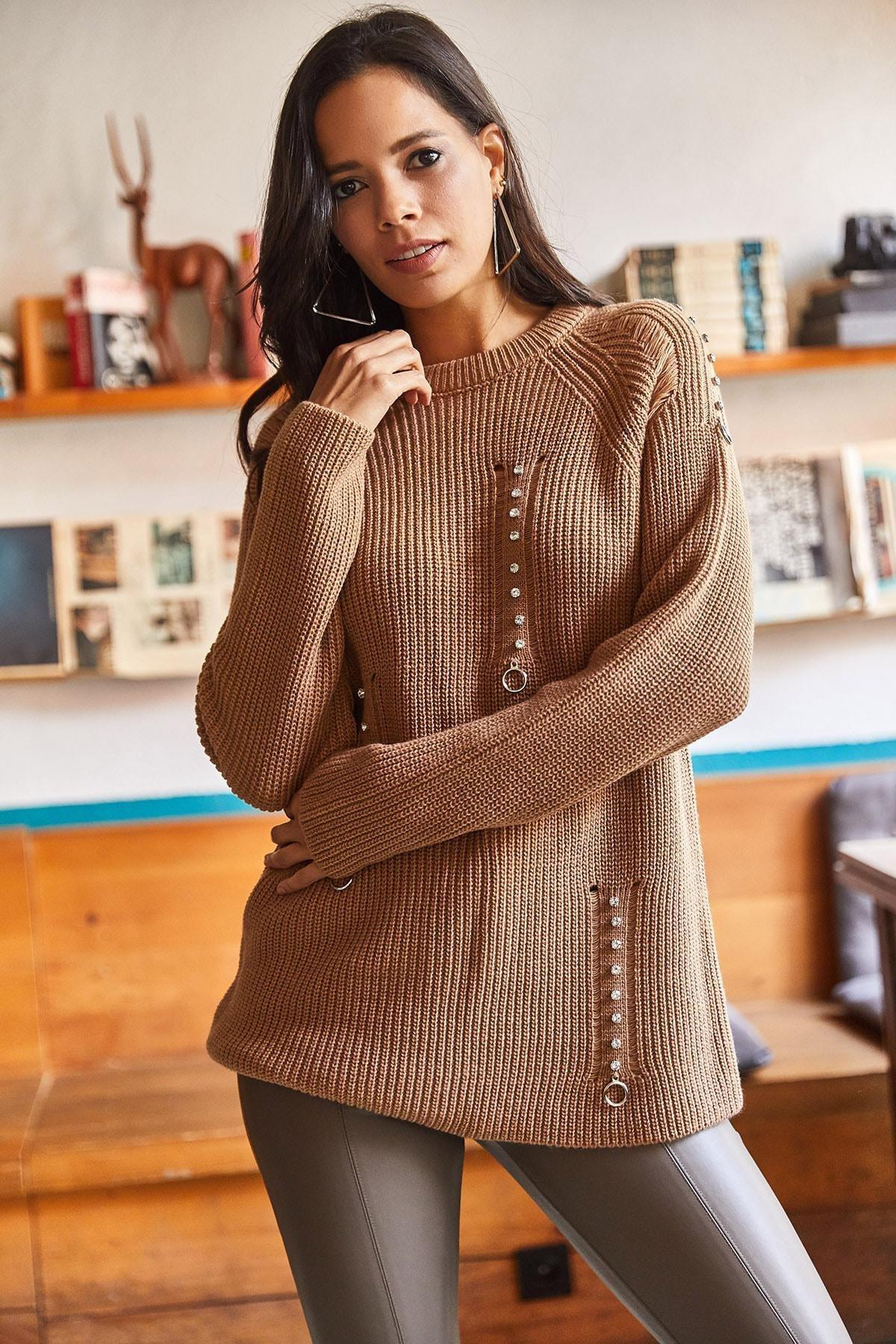 Womens Camel Oversized Knitwear Sweater with Torn Detailed Accessories KZK-19000561, single, CAMEL, large image number 2