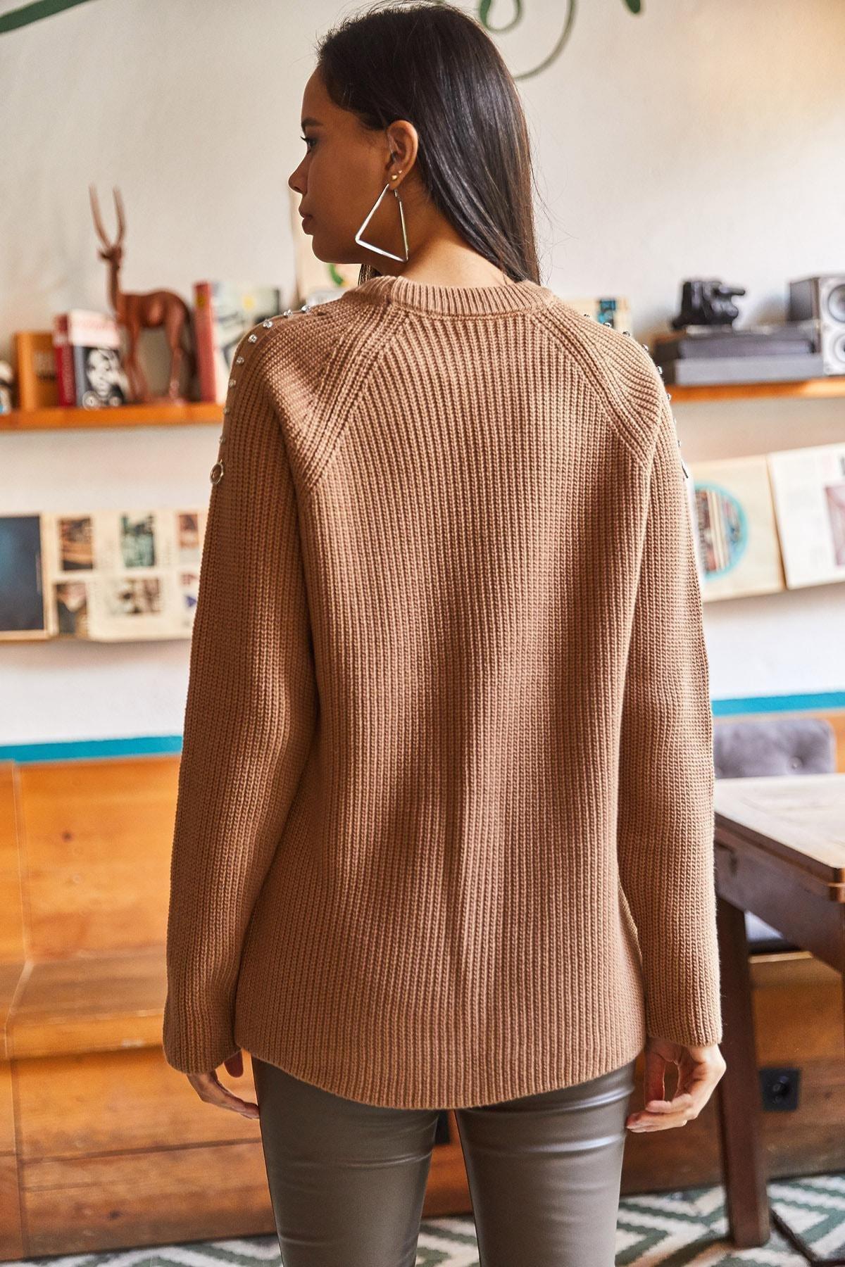 Womens Camel Oversized Knitwear Sweater with Torn Detailed Accessories KZK-19000561, single, CAMEL, large image number 4