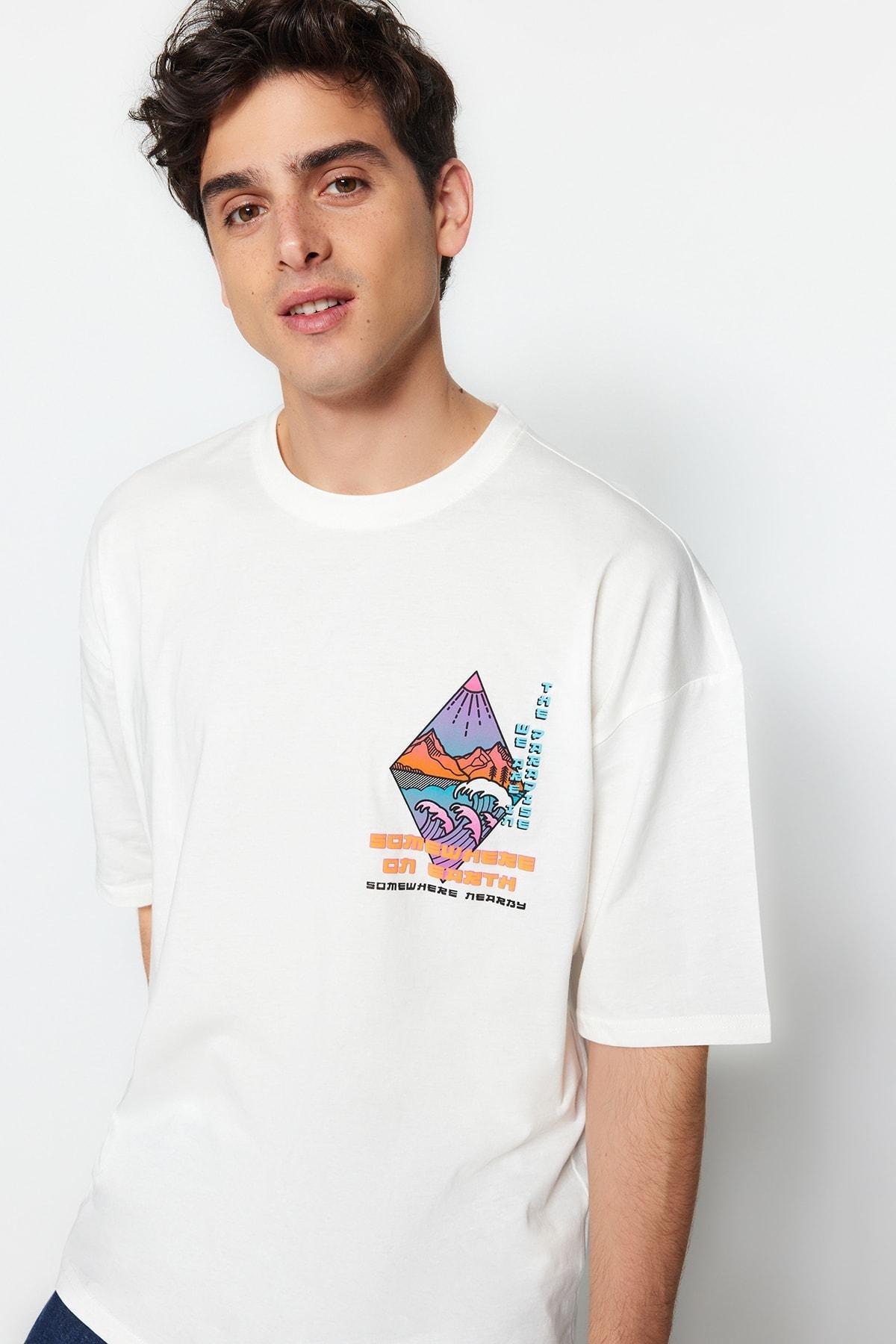 Cream Printed Oversize T-Shirt, , large image number 0