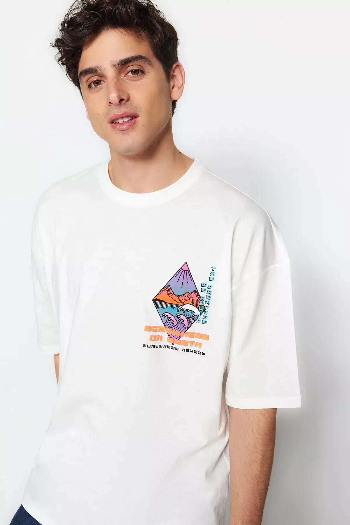 Cream Printed Oversize T-Shirt, Ecru, medium