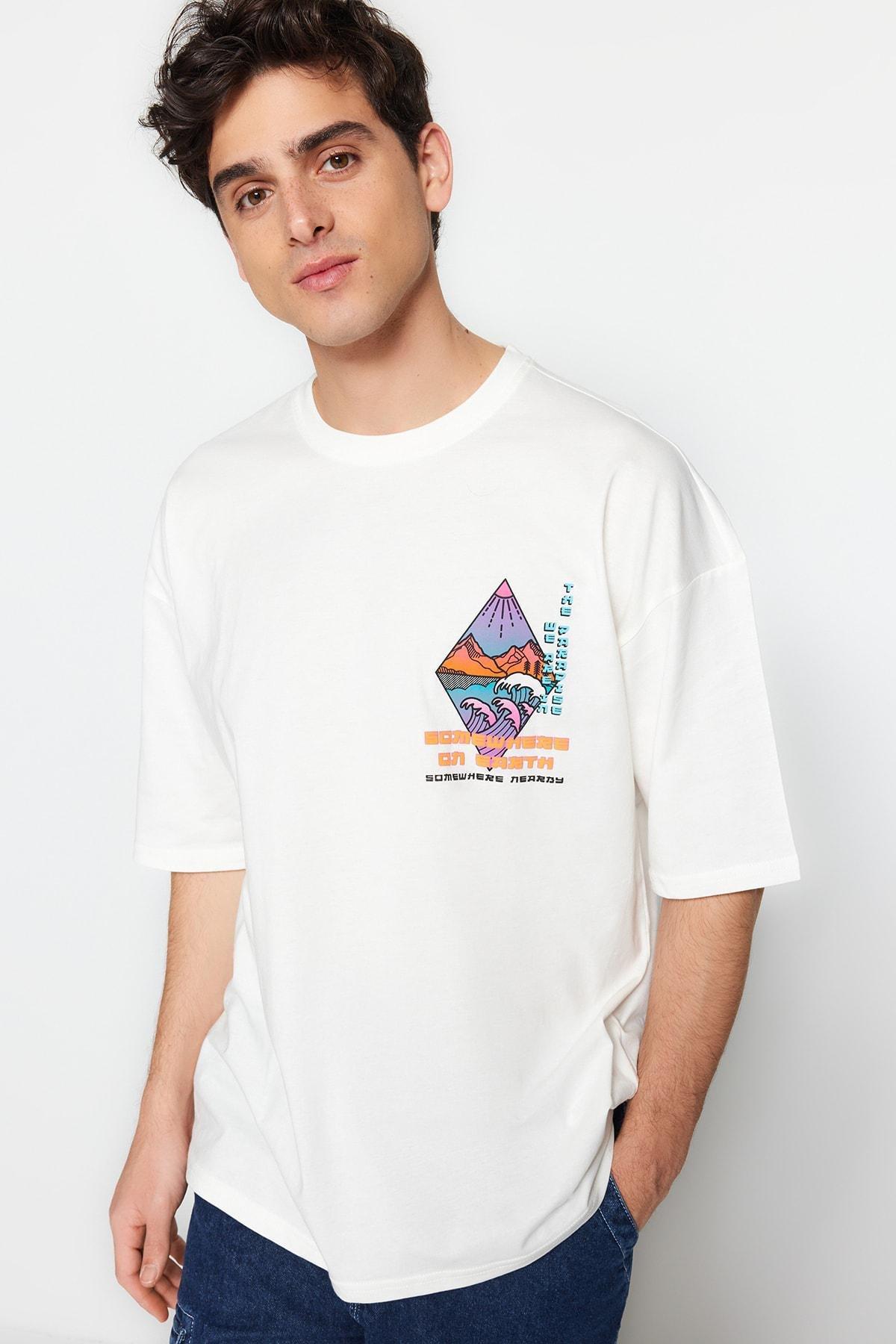 Cream Printed Oversize T-Shirt, , large image number 1