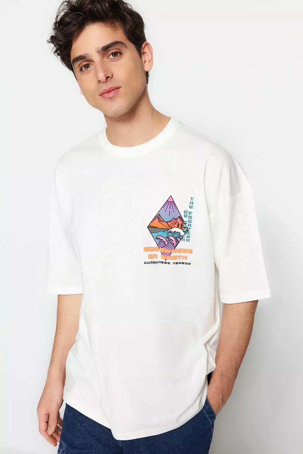 Cream Printed Oversize T-Shirt, Ecru, large image number 1