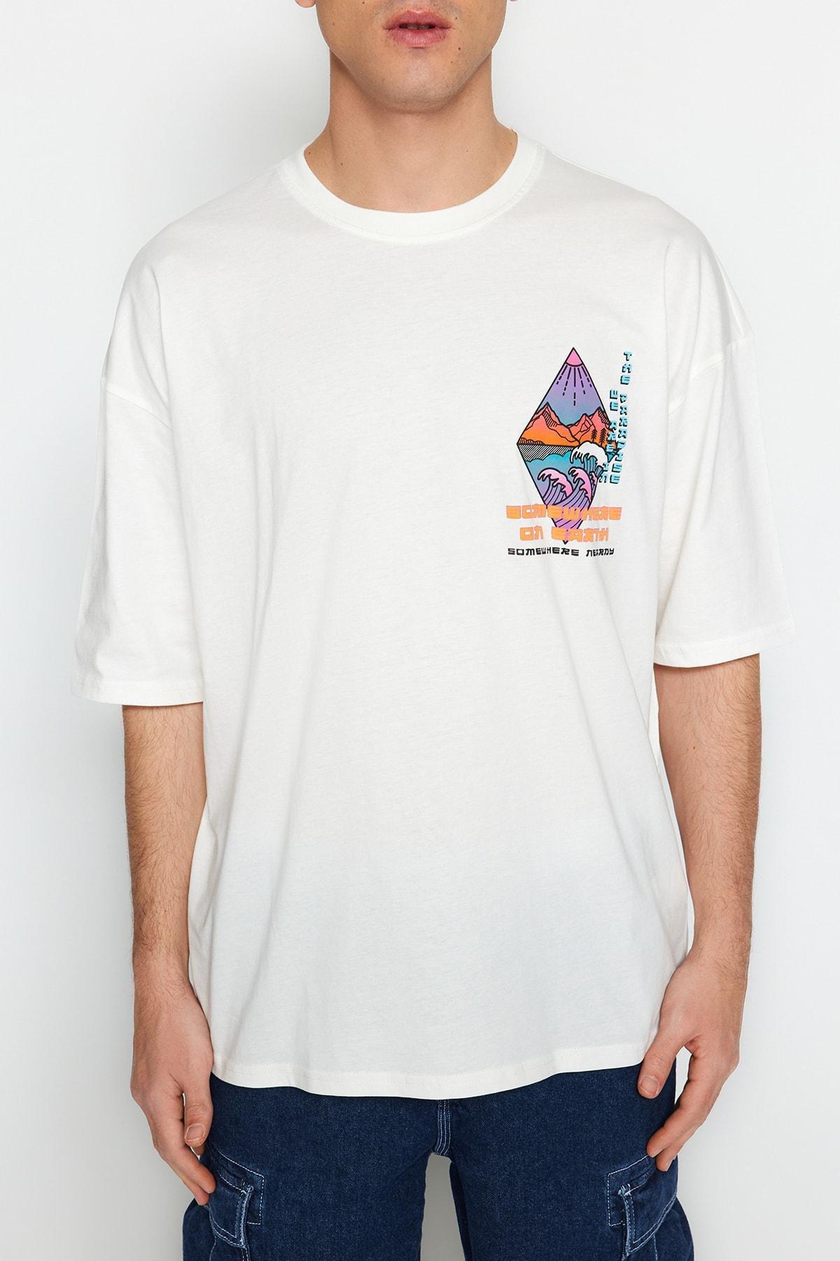 Cream Printed Oversize T-Shirt, , large image number 2