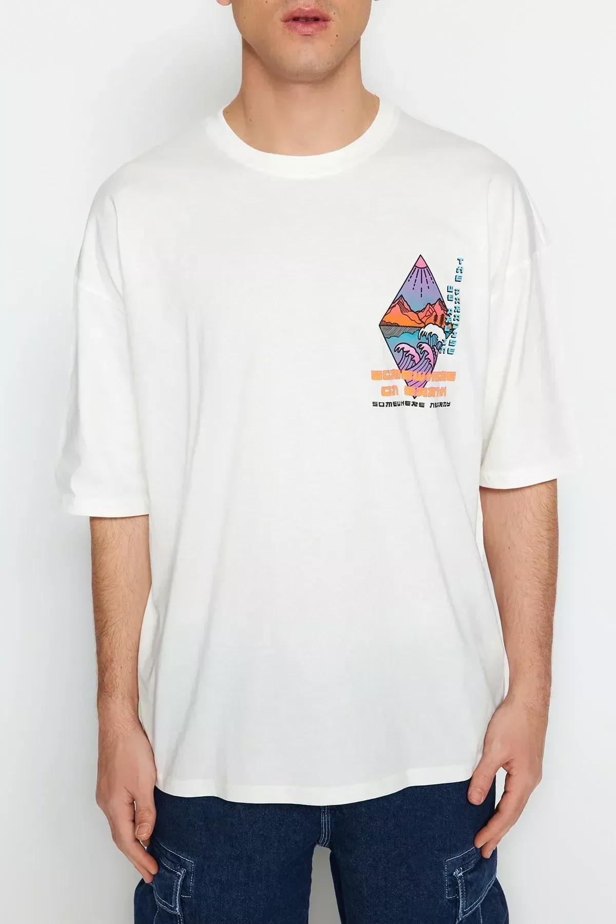 Cream Printed Oversize T-Shirt, Ecru, large image number 2