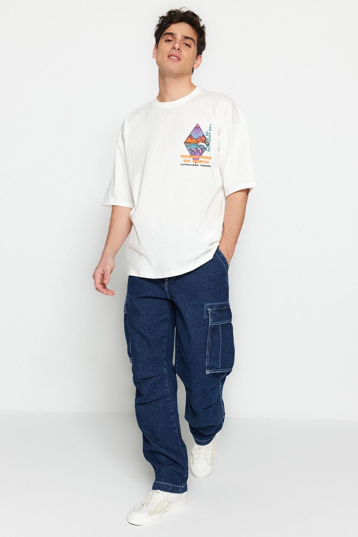 Cream Printed Oversize T-Shirt, , large image number 4