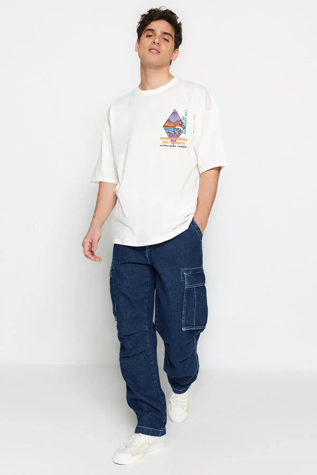 Cream Printed Oversize T-Shirt, Ecru, large image number 4