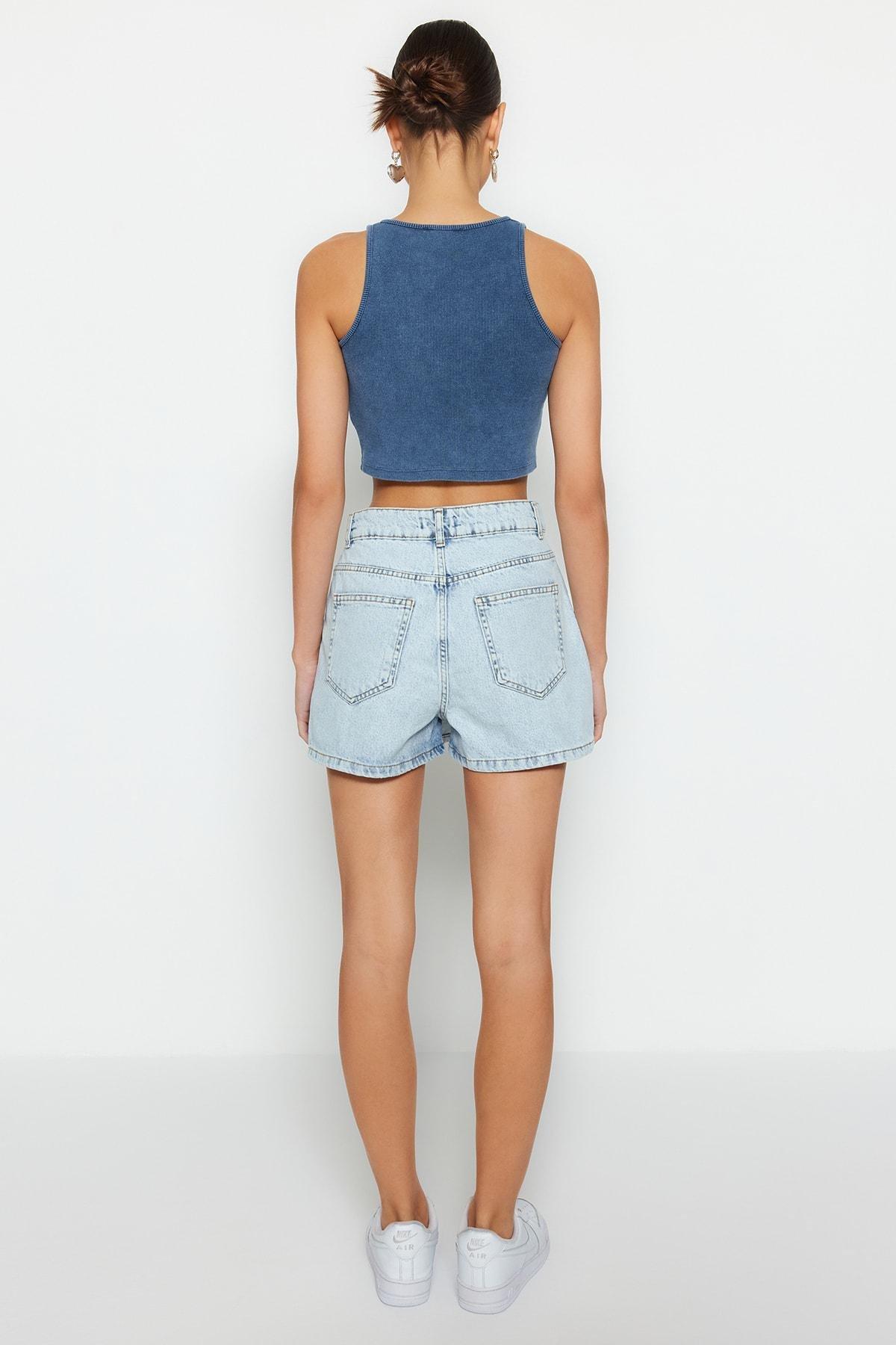 Blue Mid Waist Shorts, , large image number 5