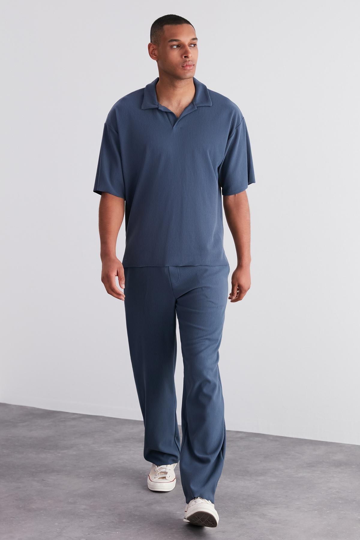 Blue Oversized Textured Collared T-Shirt, , large image number 0
