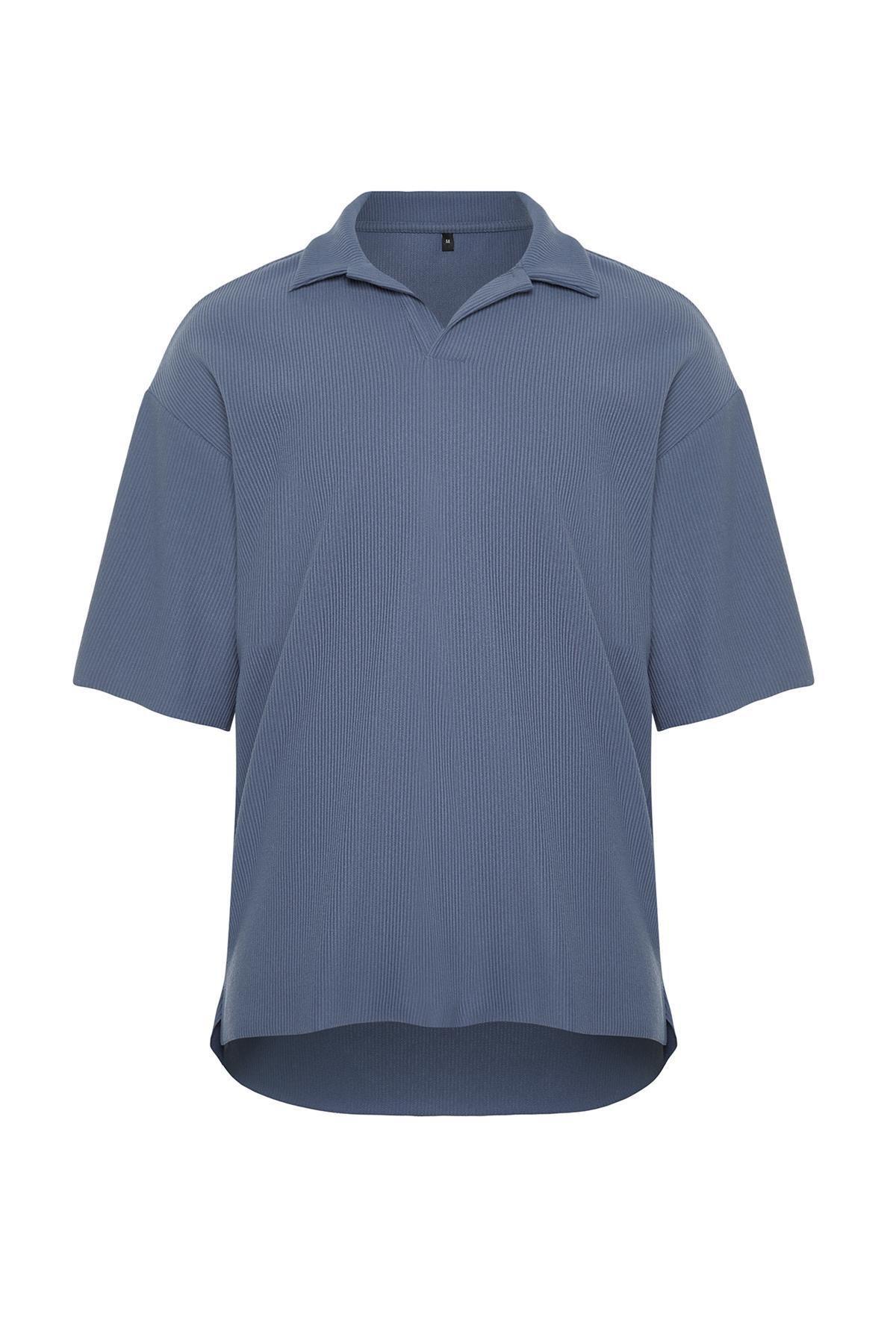 Blue Oversized Textured Collared T-Shirt, , large image number 5
