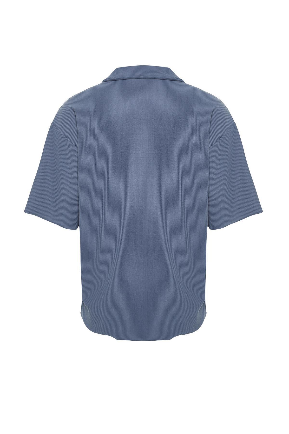 Blue Oversized Textured Collared T-Shirt, , large image number 6