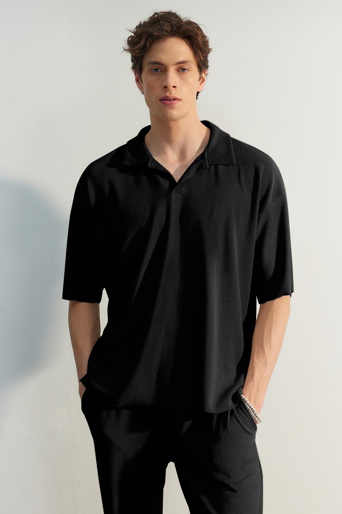 Black Textured Oversized Polo T-Shirt, , large image number 0