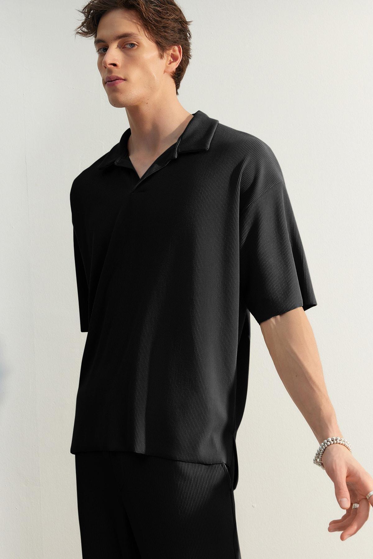 Black Textured Oversized Polo T-Shirt, , large image number 1