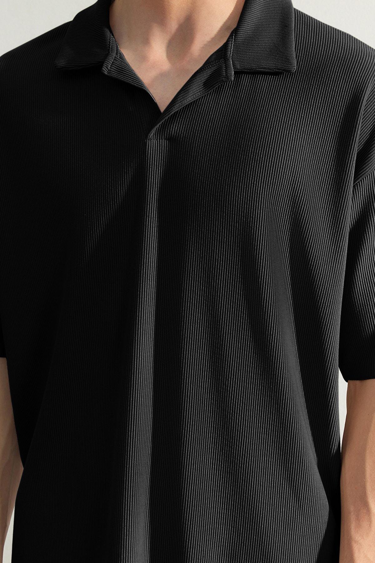 Black Textured Oversized Polo T-Shirt, , large image number 2