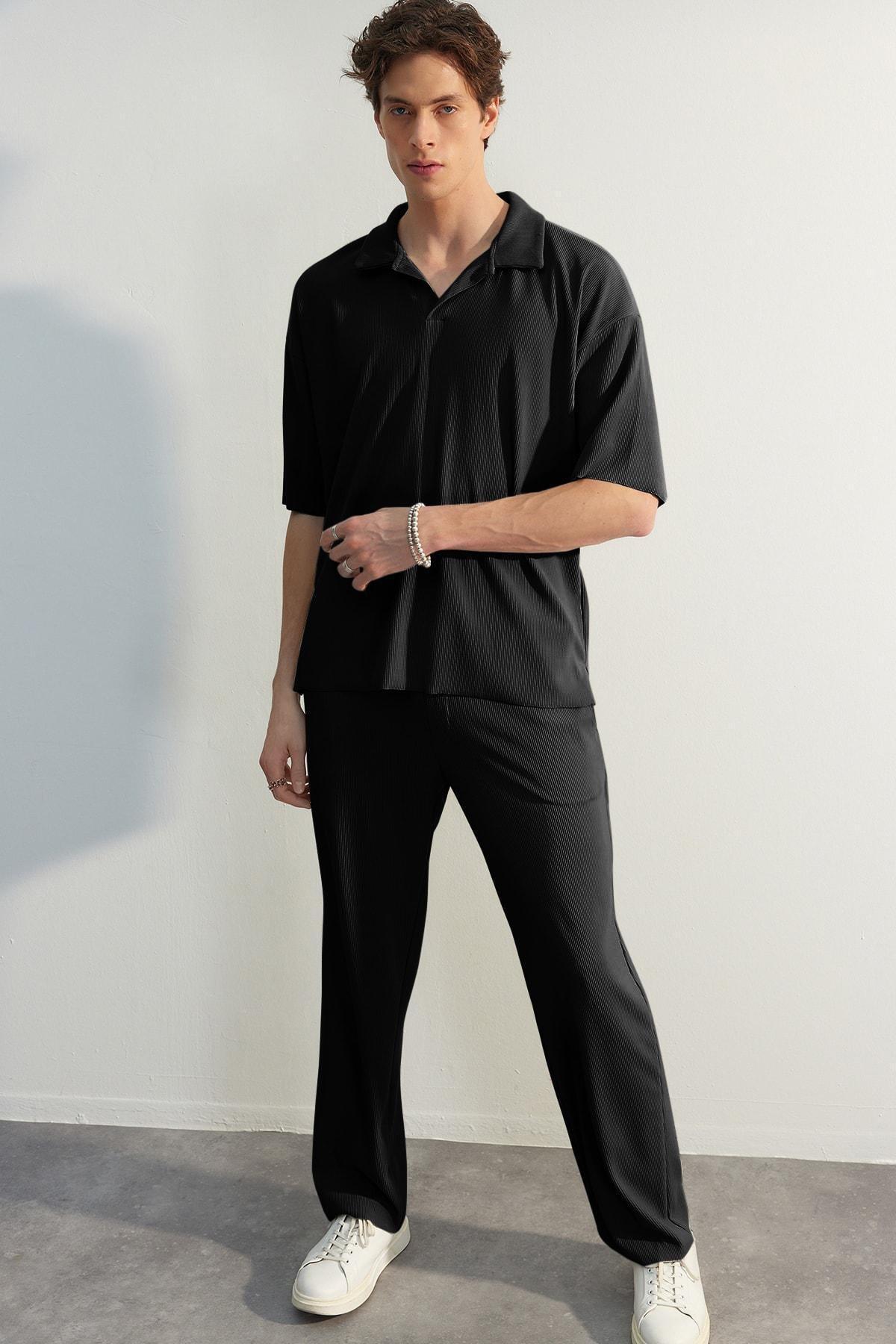 Trendyol - Black Textured Oversized Polo T-Shirt