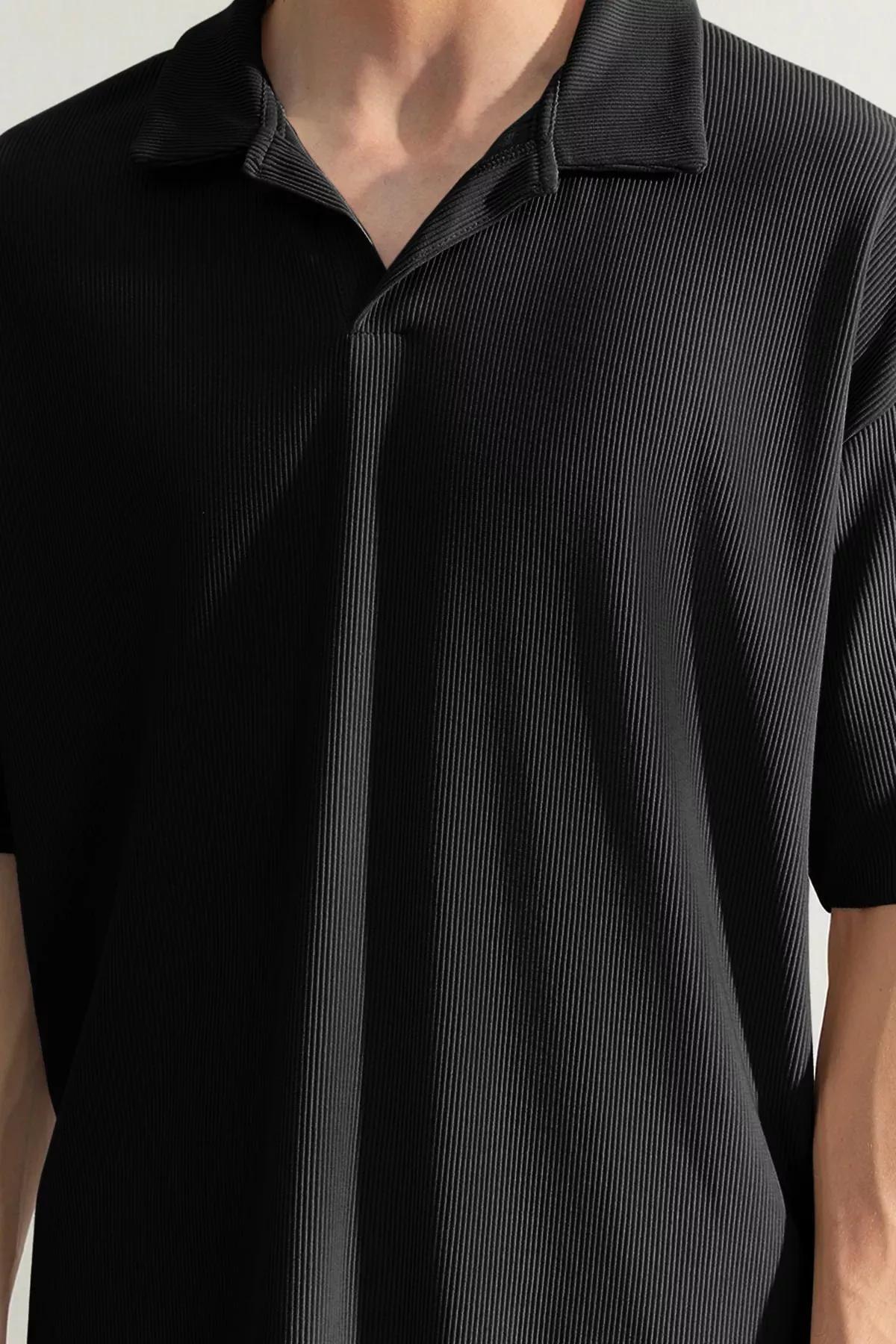 Black Textured Oversized Polo T-Shirt, BLACK, large image number 3