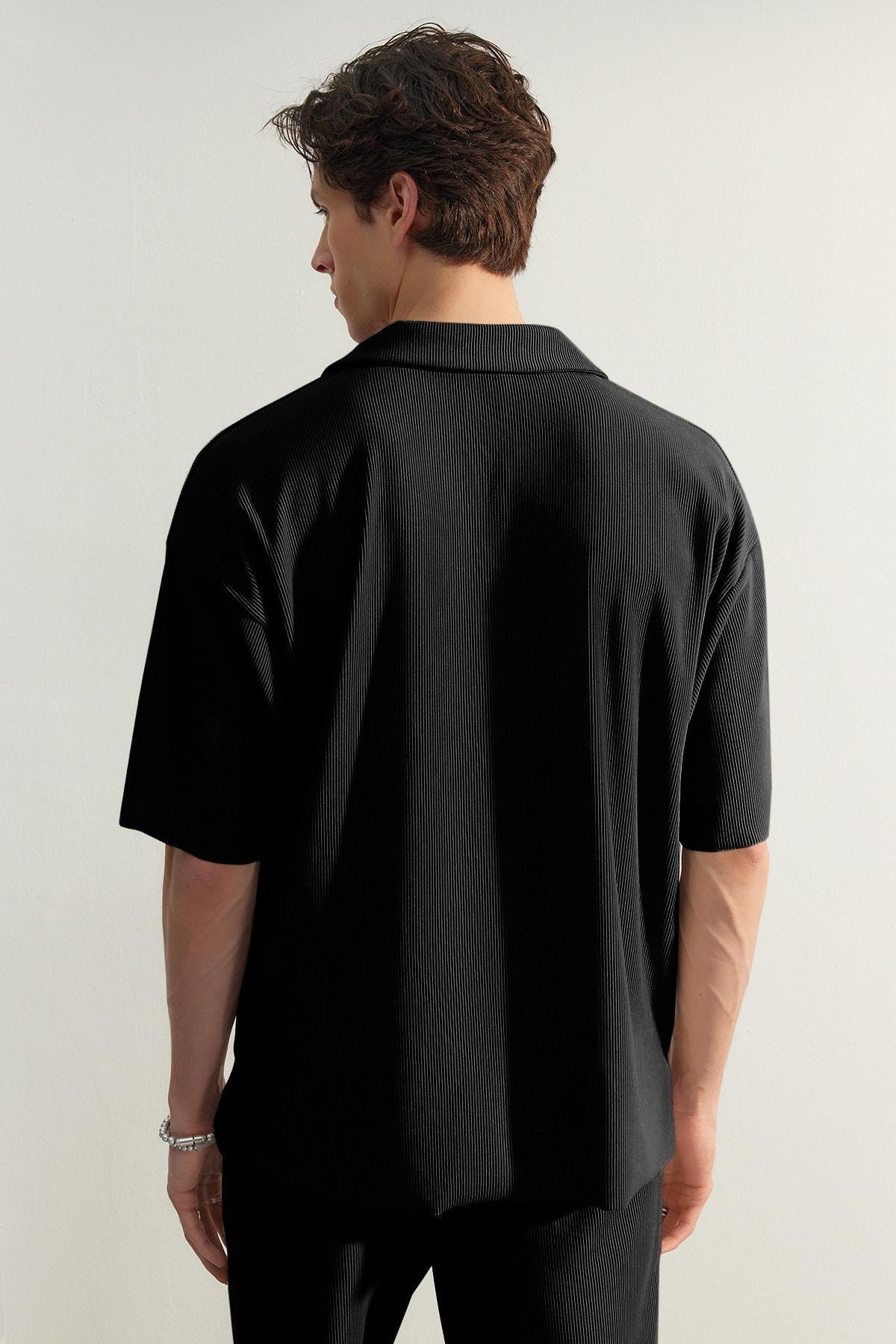Black Textured Oversized Polo T-Shirt, , large image number 4