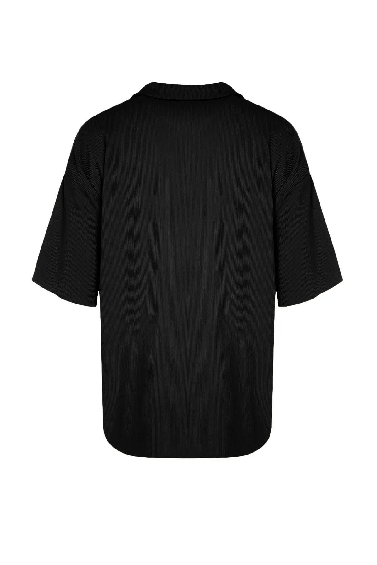 Black Textured Oversized Polo T-Shirt, , large image number 6