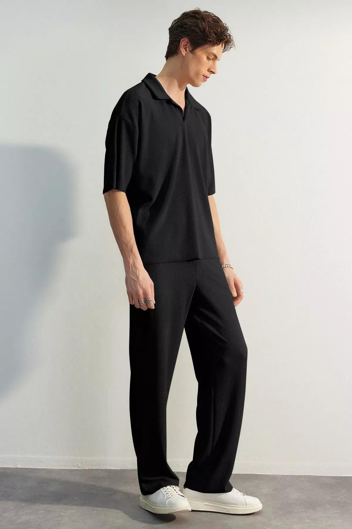 بنطال رياضي بإصدار محدود بقصة ساق عريضة بملمس بارز، أسود, BLACK, large image number 7