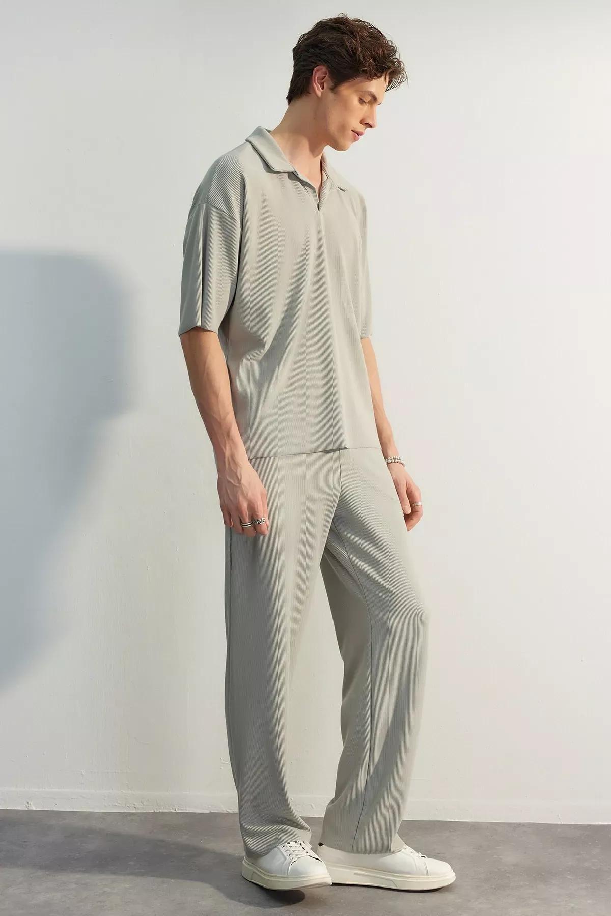 Grey Textured Wide Leg Sweatpants, , large image number 0