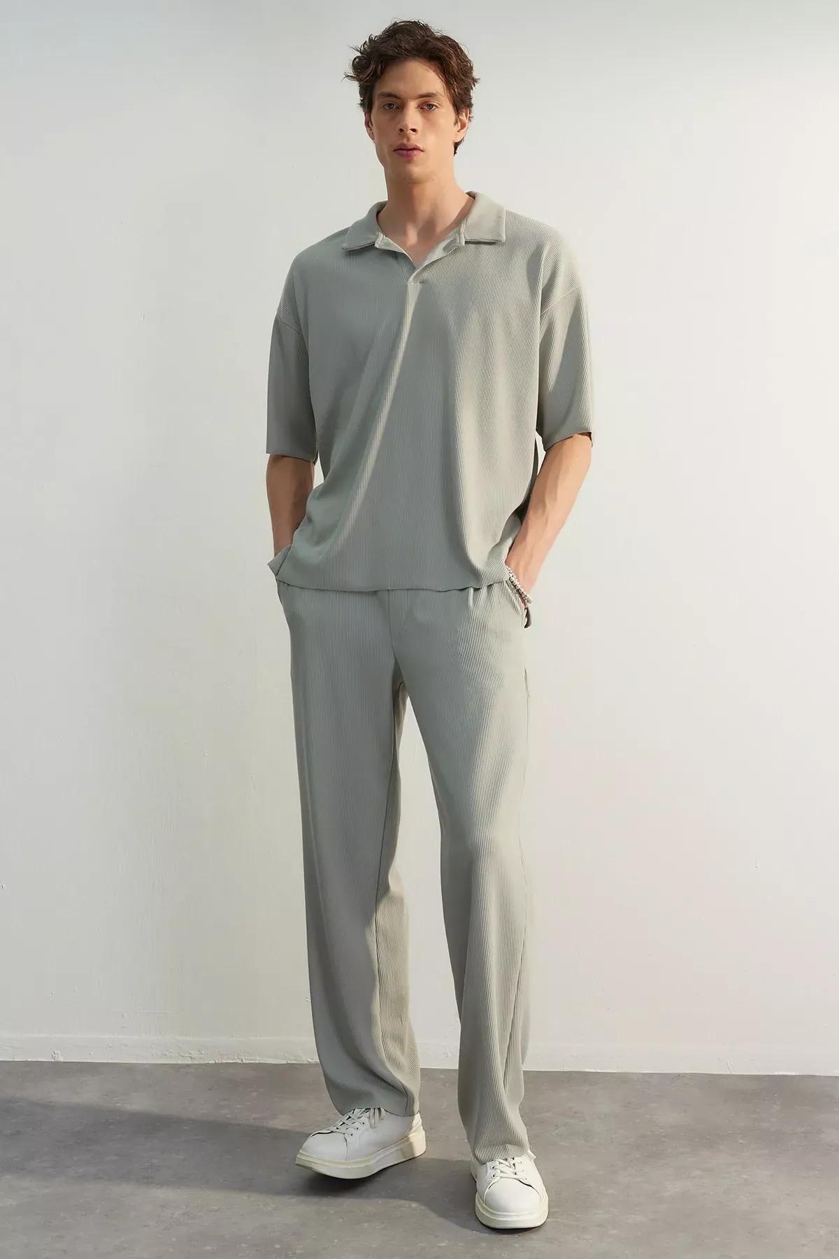 Grey Textured Wide Leg Sweatpants, Rock, medium