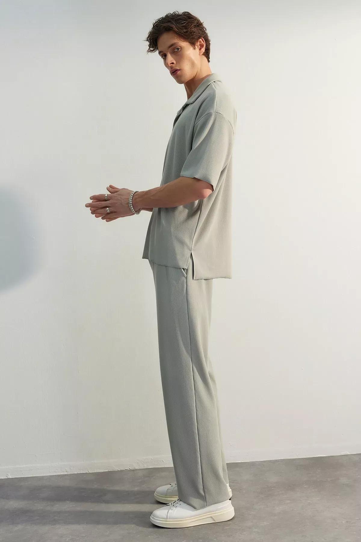 Grey Textured Wide Leg Sweatpants, , large image number 3