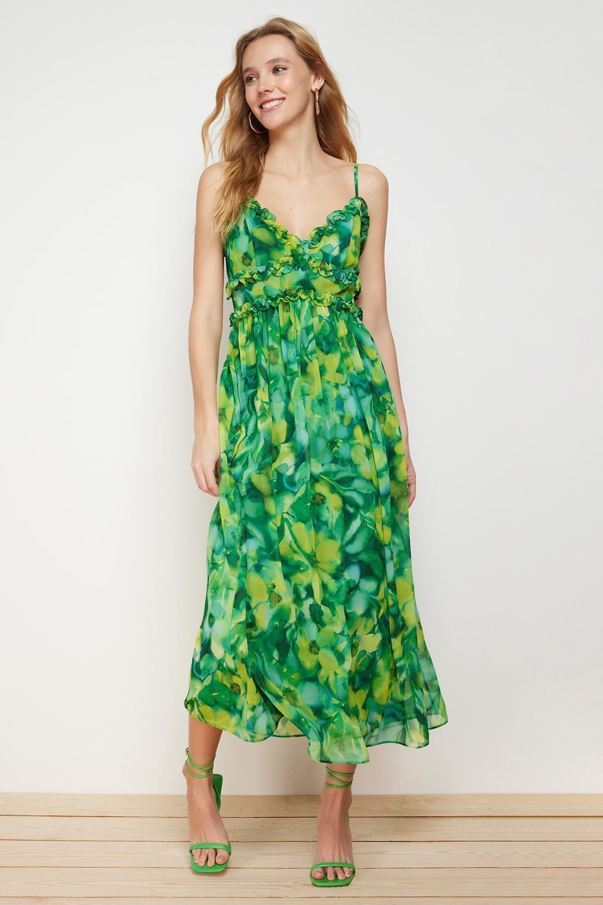 Green Detailed Lined A-Line Maxi Dress, , large image number 0